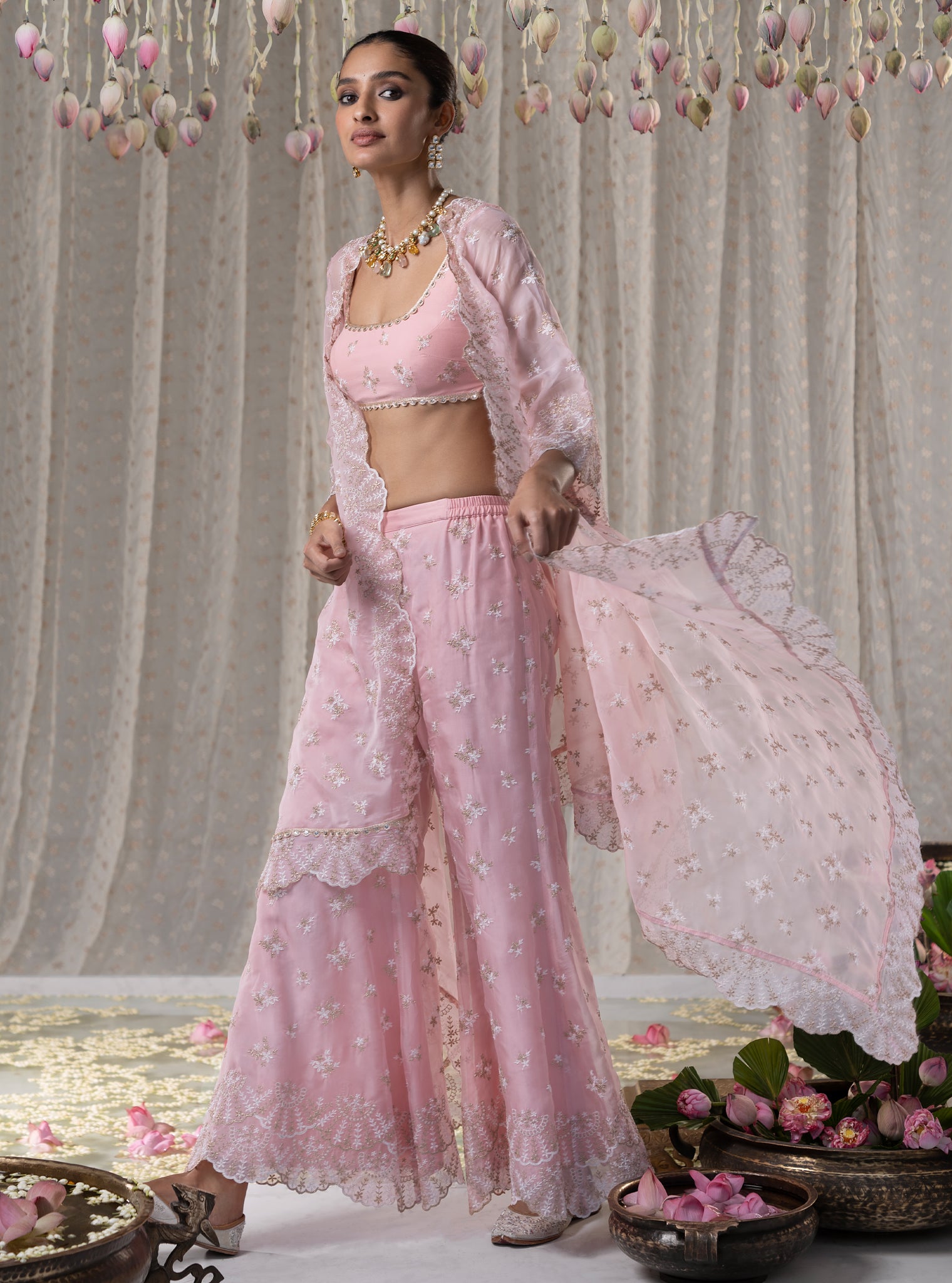 Saibo Organza Pink Cape with Pant Set
