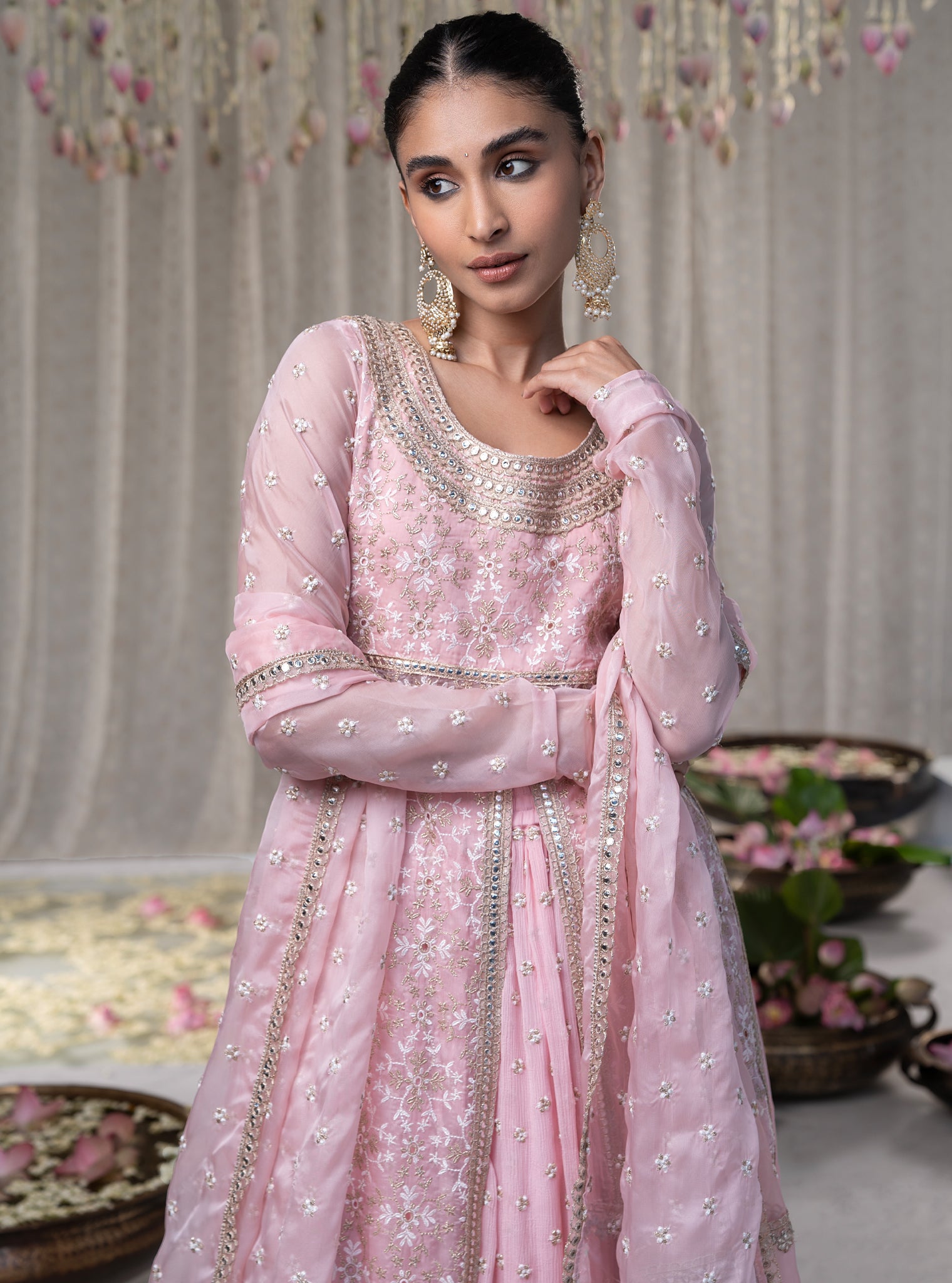 Mulmul Organza Sajda Pink Kurta With Mulmul Chiffon Sajda Pink Skirt