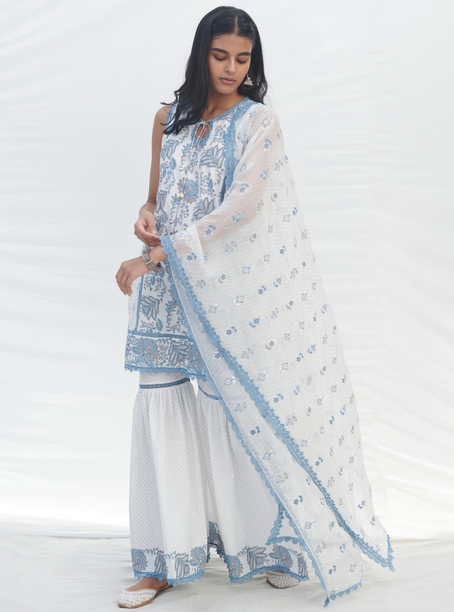 Blue Cotton Kurta With Mulmul Sharara