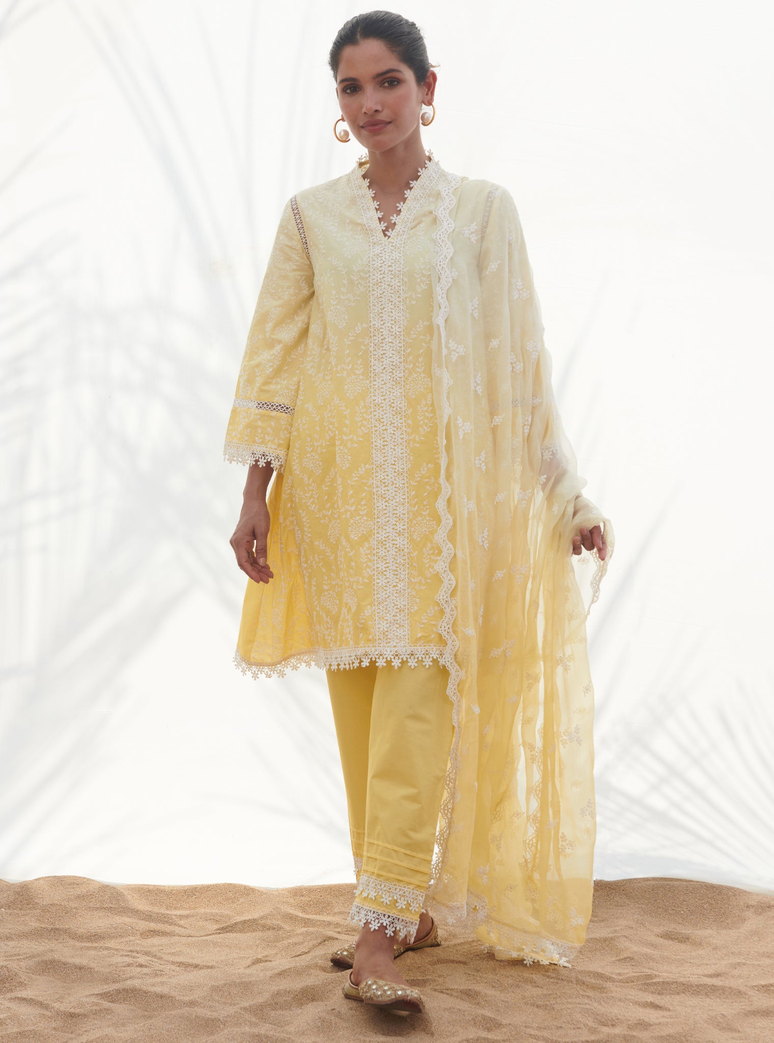 Mulmul Cotton Santona Yellow Kurta With Santona Yellow Pant