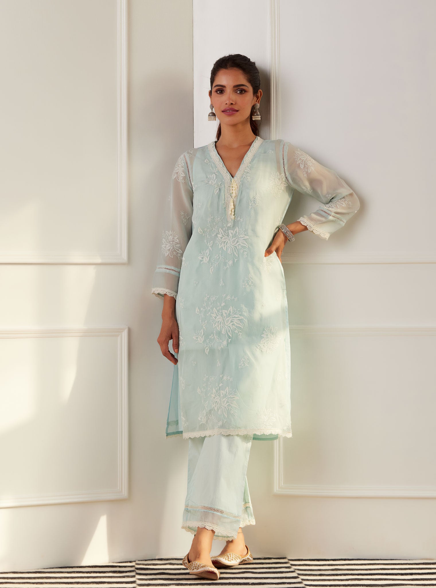 Mulmul Organza Sarah Light Blue Kurta With Cotton Sarah Light Blue Pant