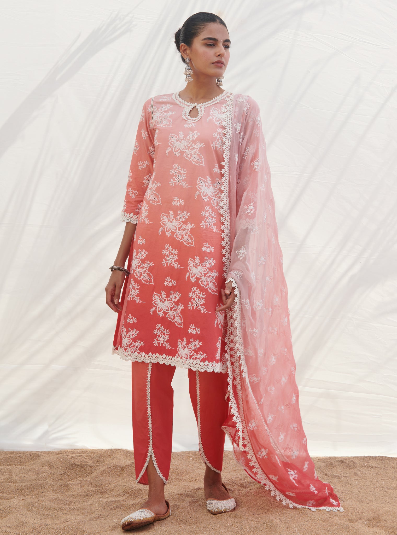 Mulmul Cotton Savri Red Kurta With Savri Red Dhoti Pant