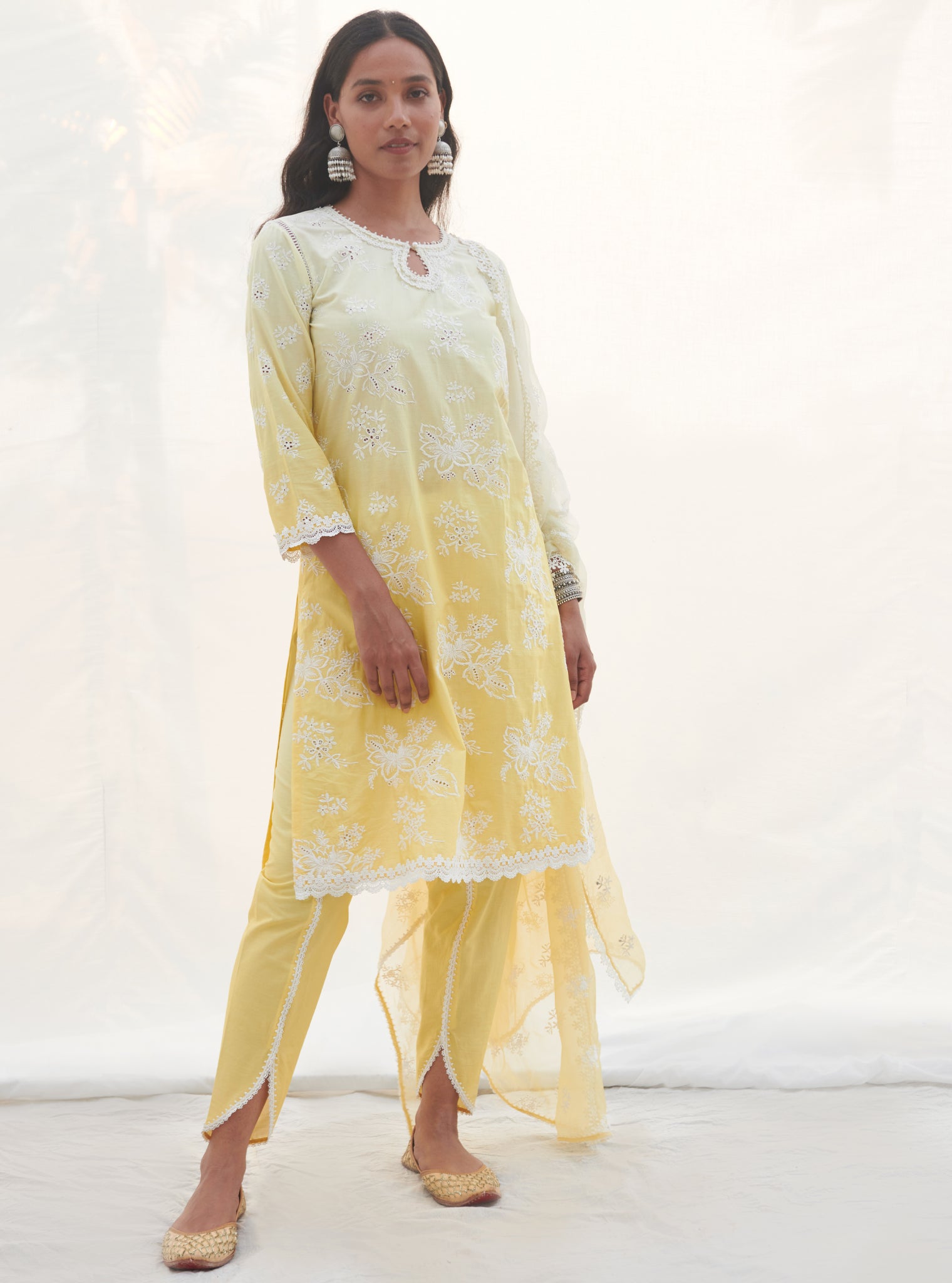Mulmul Cotton Savri Yellow Kurta With Savri Yellow Dhoti Pant