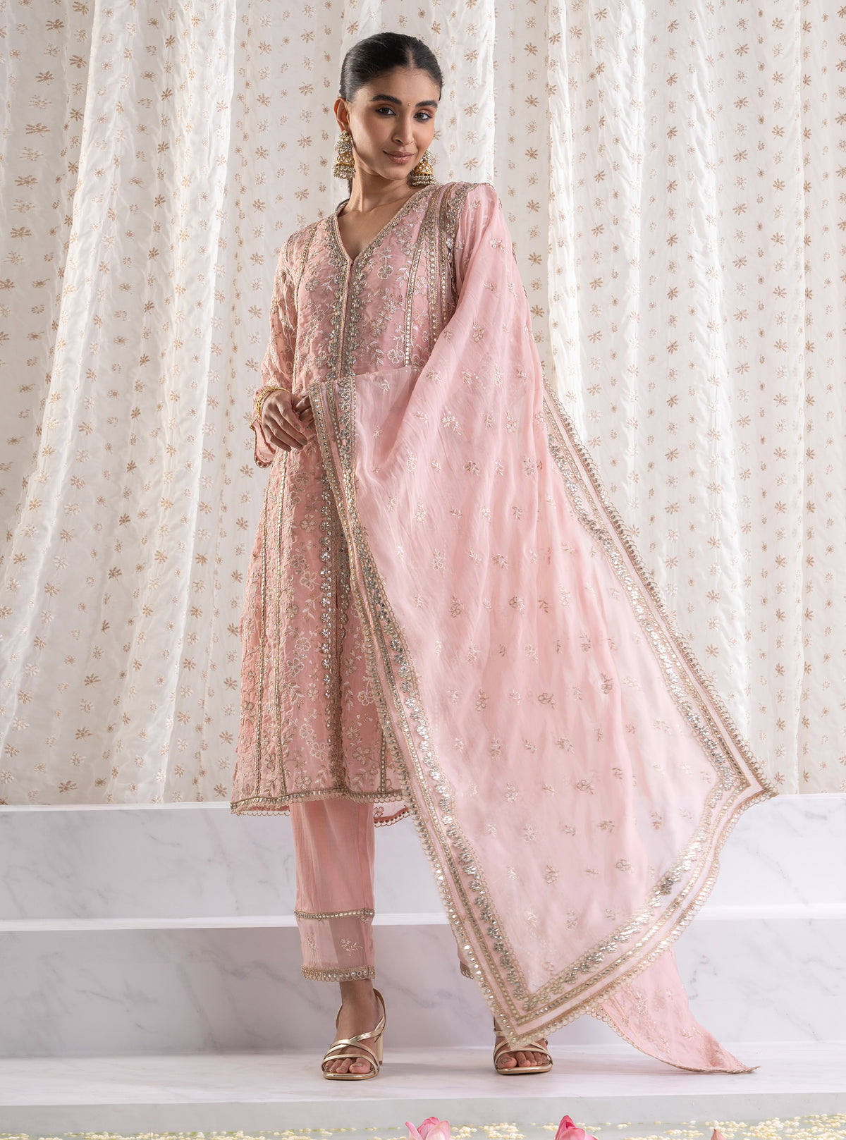 Mulmul Organza Sawariya Pink Kurta With  Mulmul Pima Sawariya Pink Pant