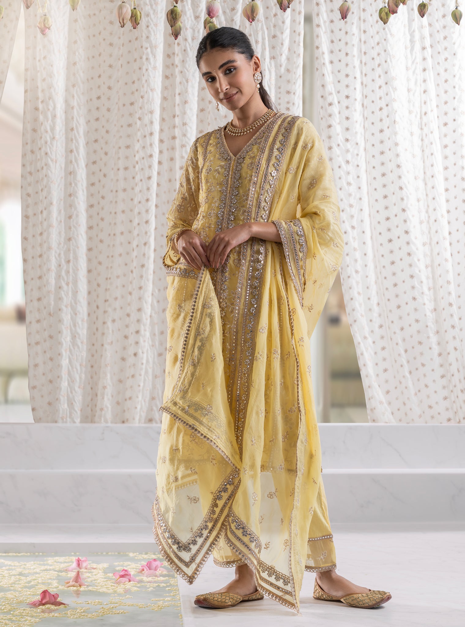 Mulmul Organza Sawariya Yellow Kurta With  Mulmul Pima Sawariya Yellow Pant