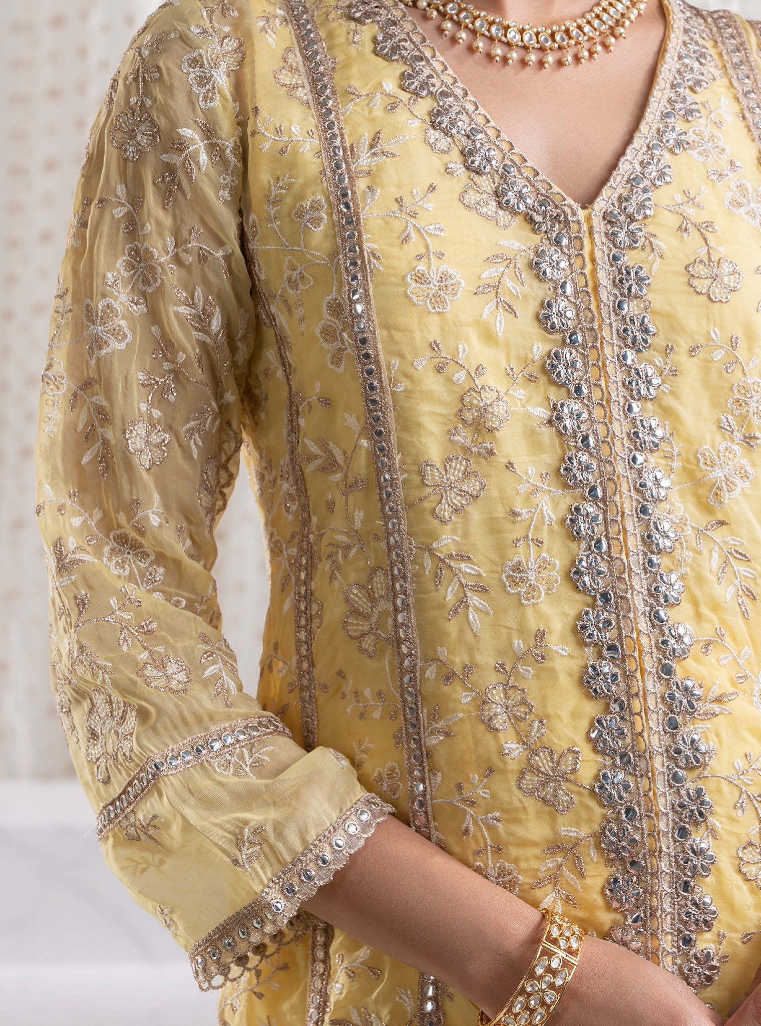 Mulmul Organza Sawariya Yellow Kurta With  Mulmul Pima Sawariya Yellow Pant