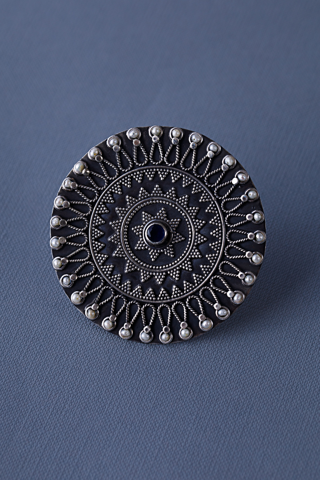 Pure Silver Mandala Black Tourmaline Ring