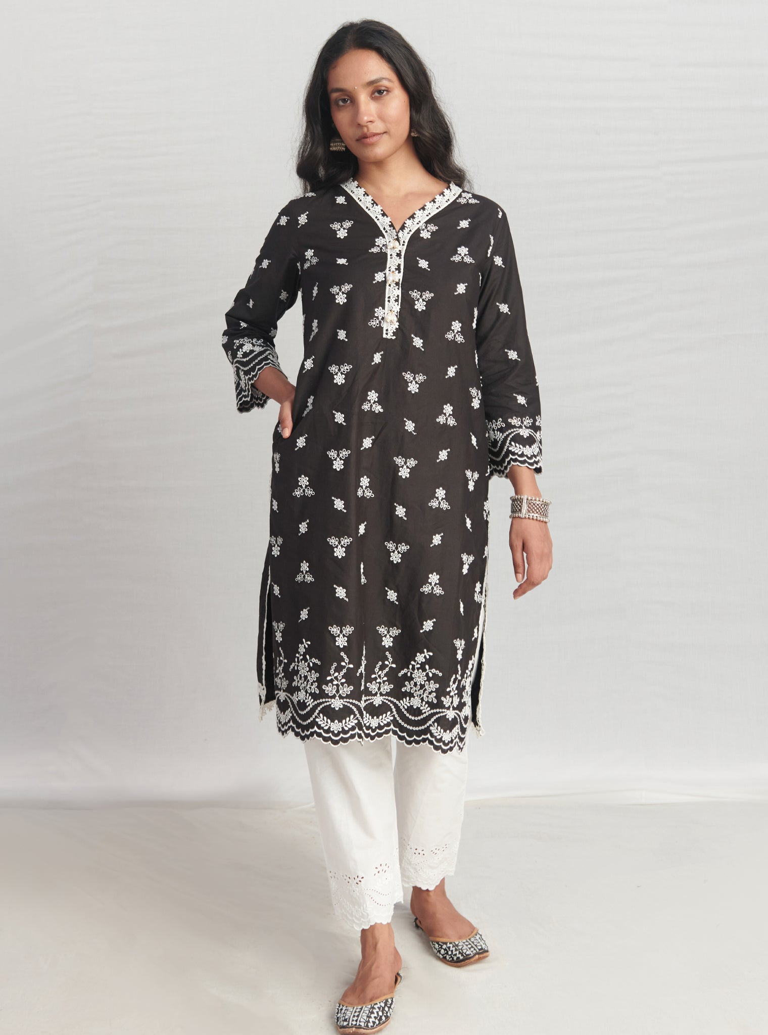 Mulmul Cotton Satari Black kurta