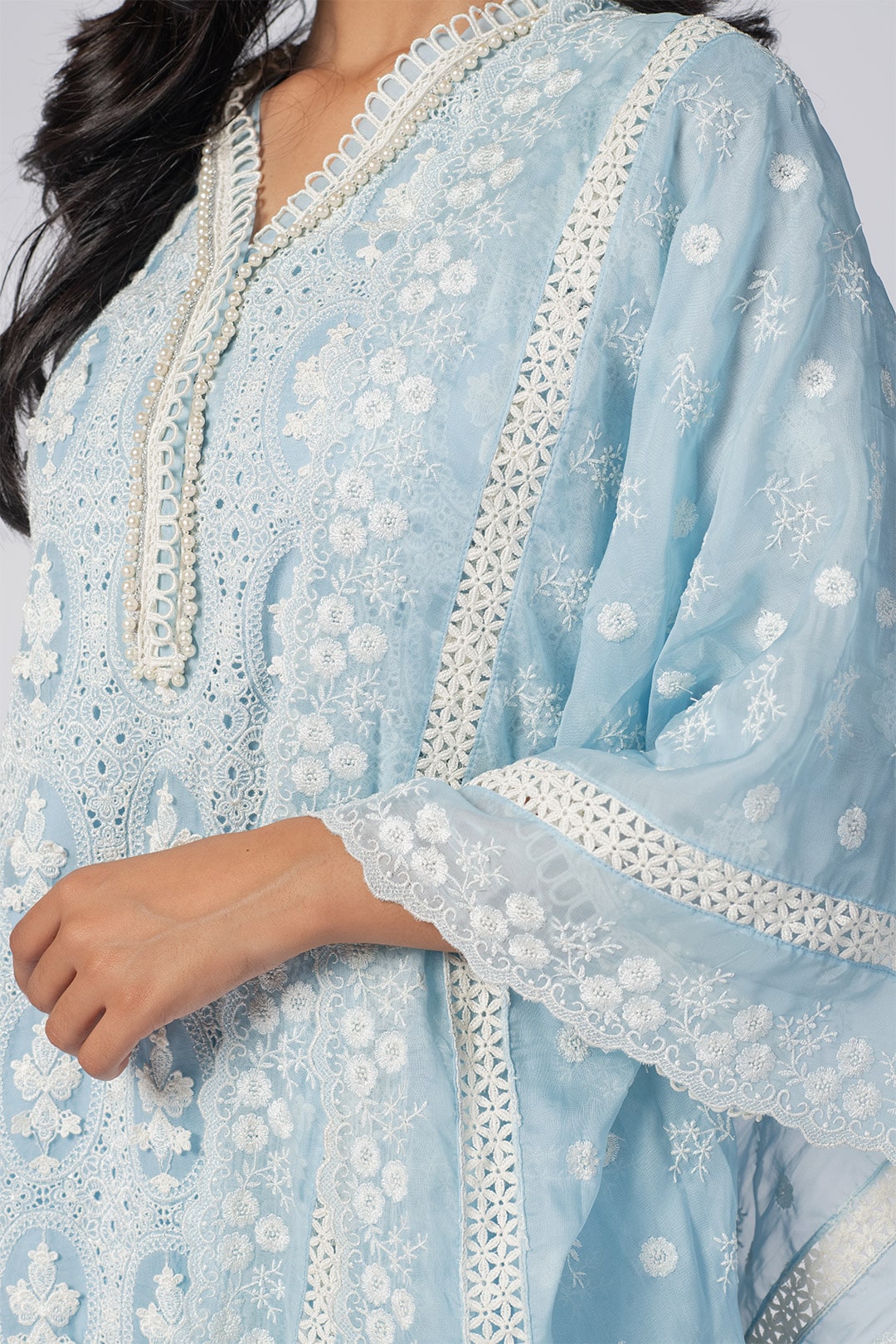 Mulmul Tencel Luxe Organza Savannah Kurta Blue With Supima Cotton Savannah Pant