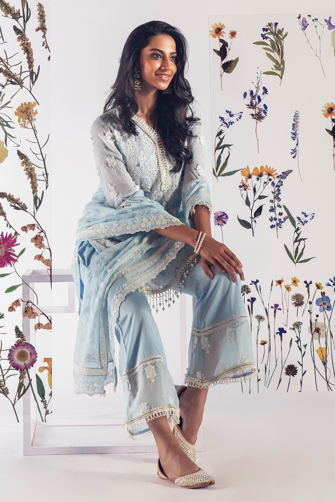 Mulmul Tencel Luxe Organza Savannah Kurta Blue With Supima Cotton Savannah Pant