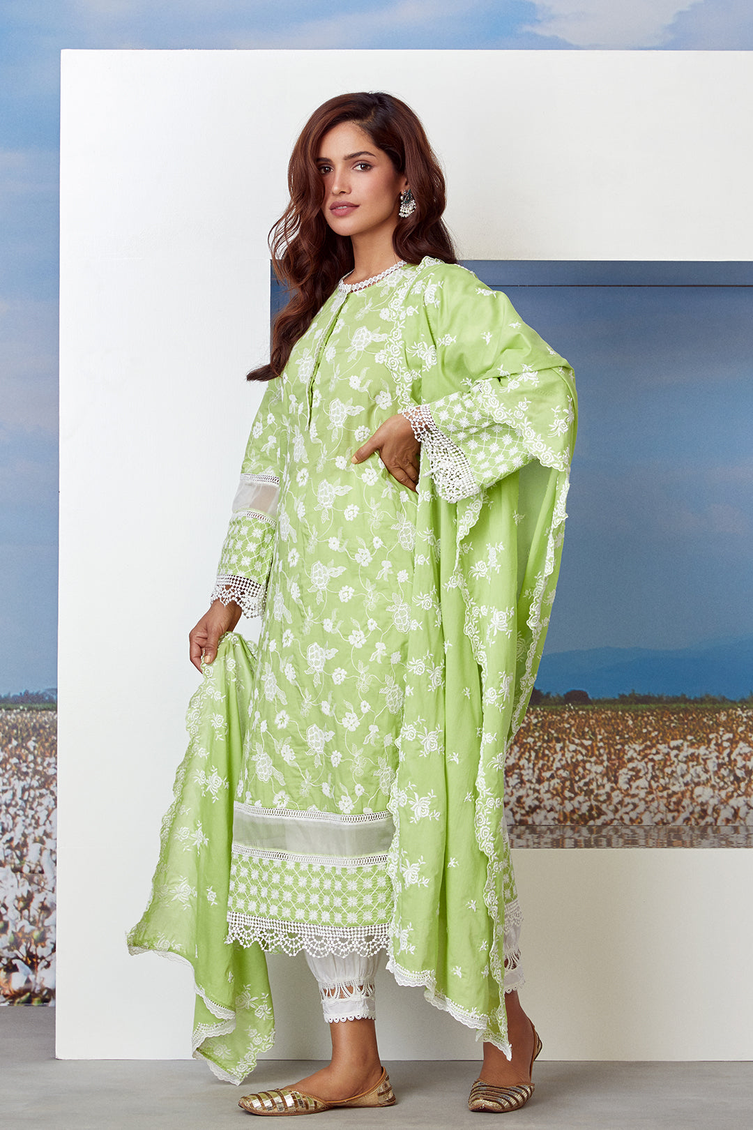 Mulmul Cotton Vega Lime Green Dupatta