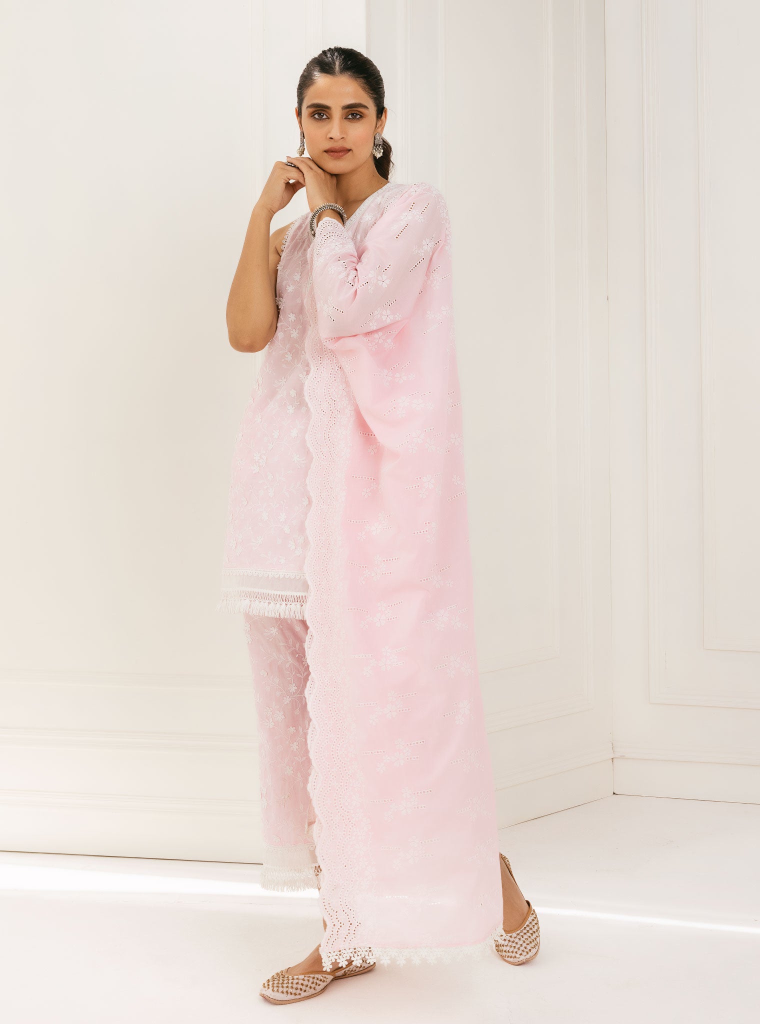 Mulmul Cotton Spiti Pink Kurta With Spiti Pink Palazzo