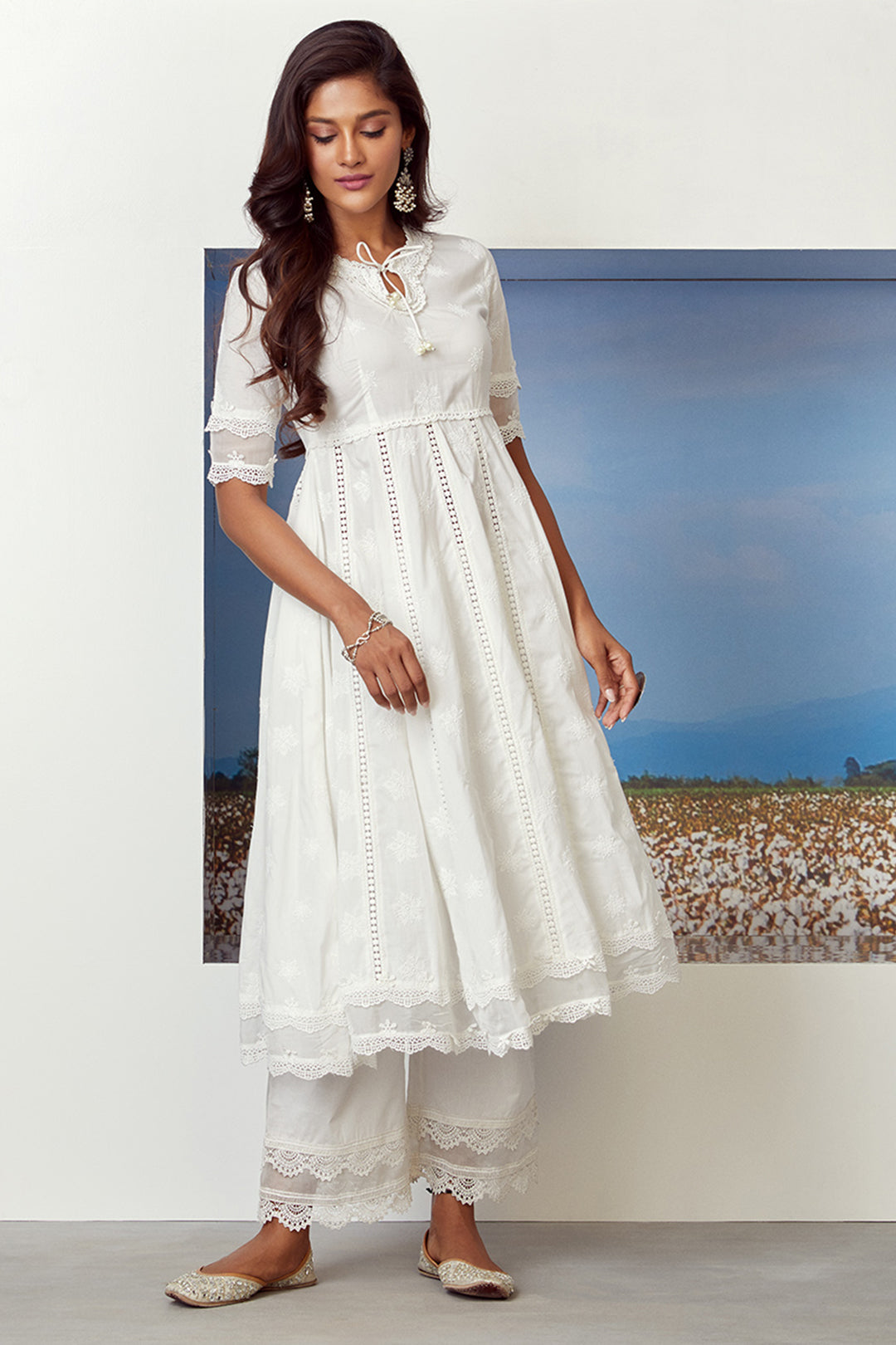 Mulmul Cotton Star Gaze Kurta with Two Lace Palazzo