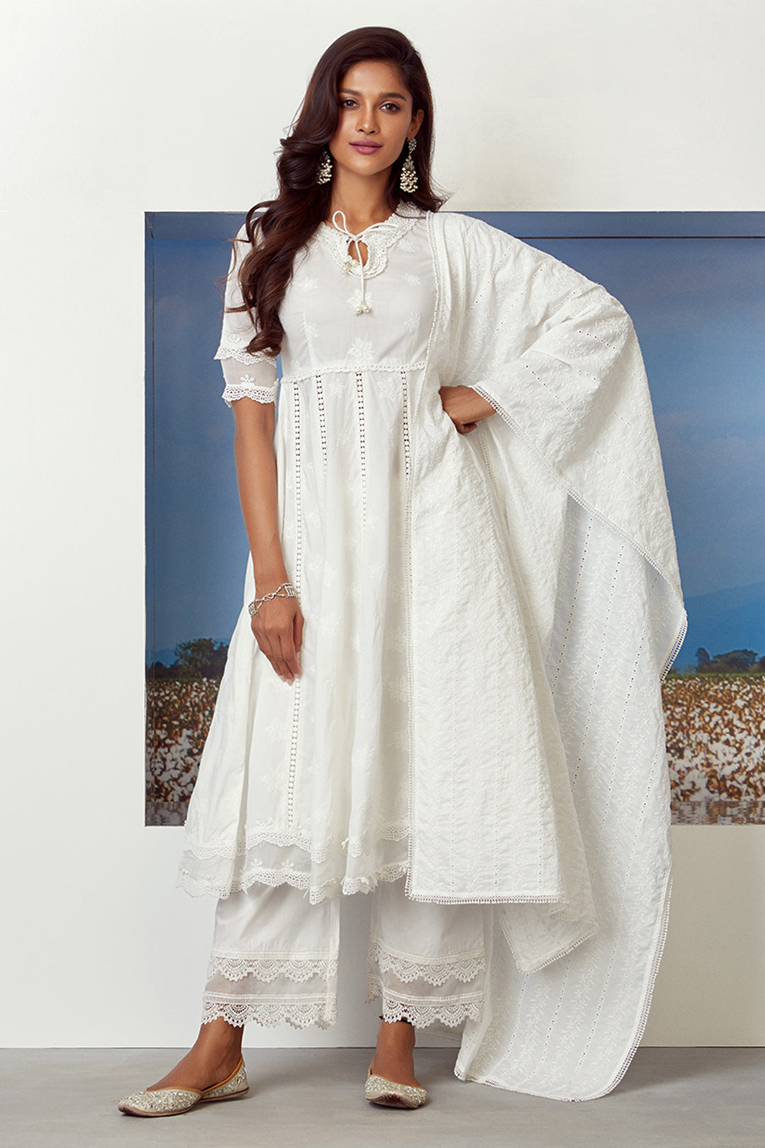 Mulmul Cotton Star Gaze Kurta with Two Lace Palazzo