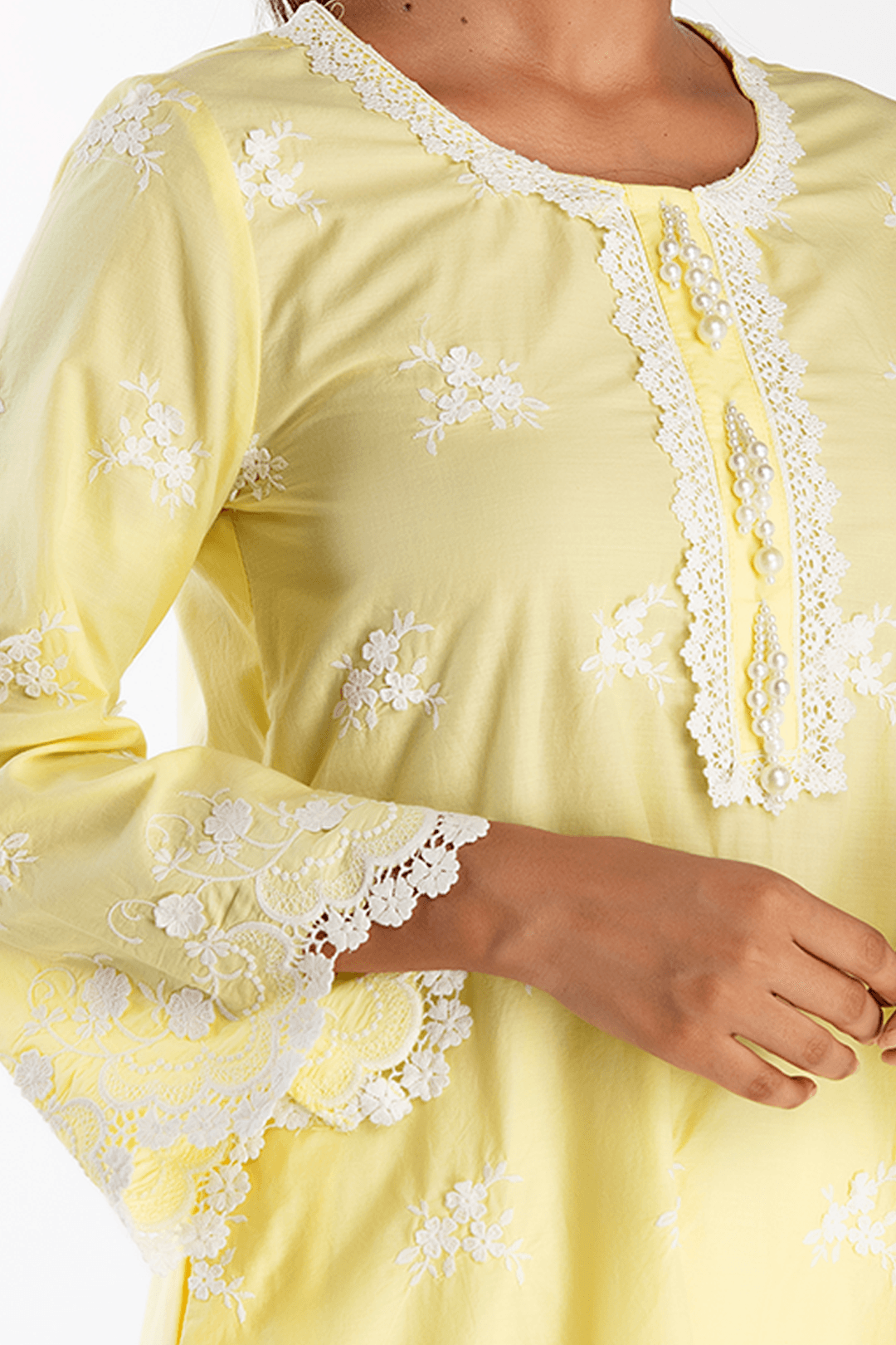 Mulmul Cotton Stella Yellow Kurta With Floral Embroidery White Pant