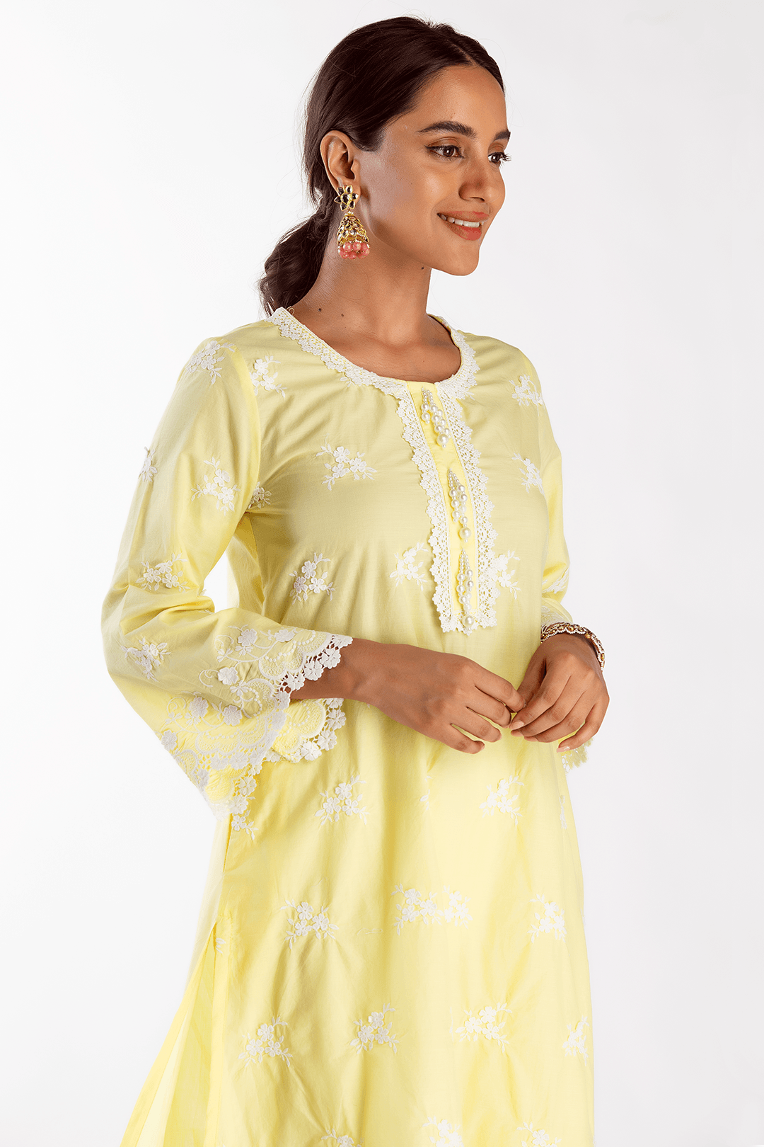 Mulmul Cotton Stella Yellow Kurta With Floral Embroidery White Pant