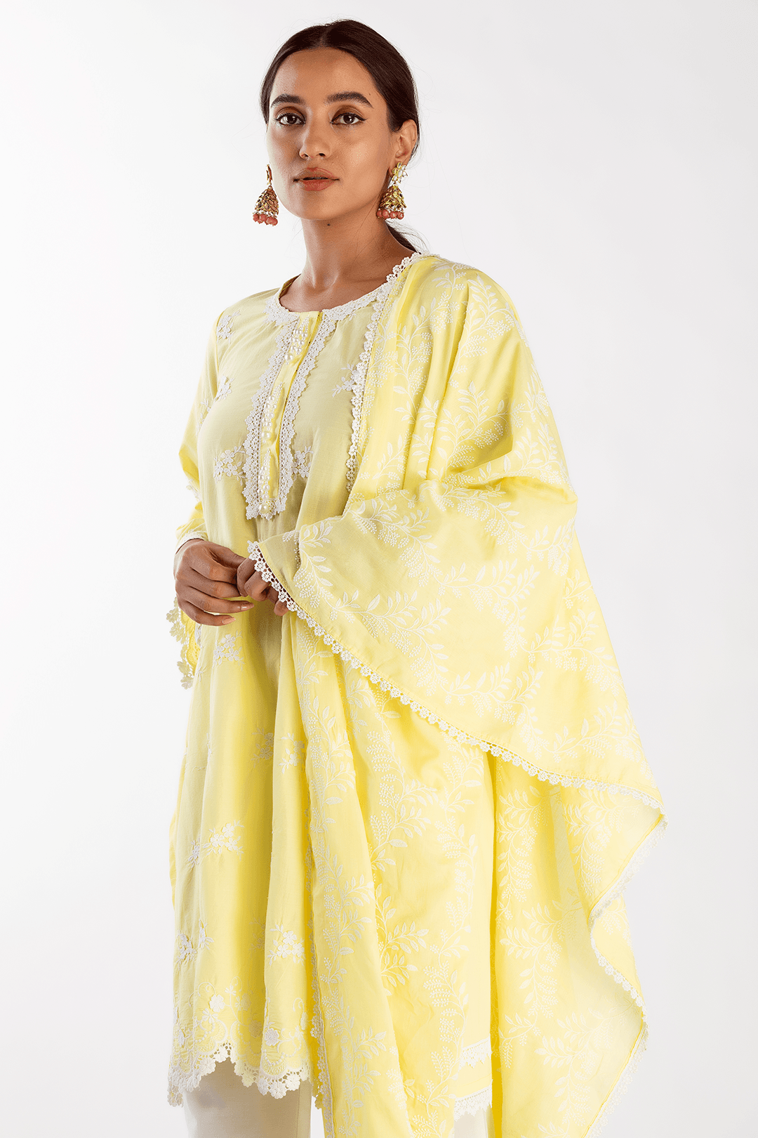 Mulmul Cotton Stella Yellow Kurta With Floral Embroidery White Pant