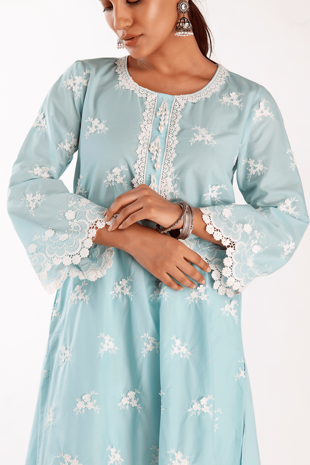 Mulmul Cotton Stella Turquoise Kurta With Net Dhoti White