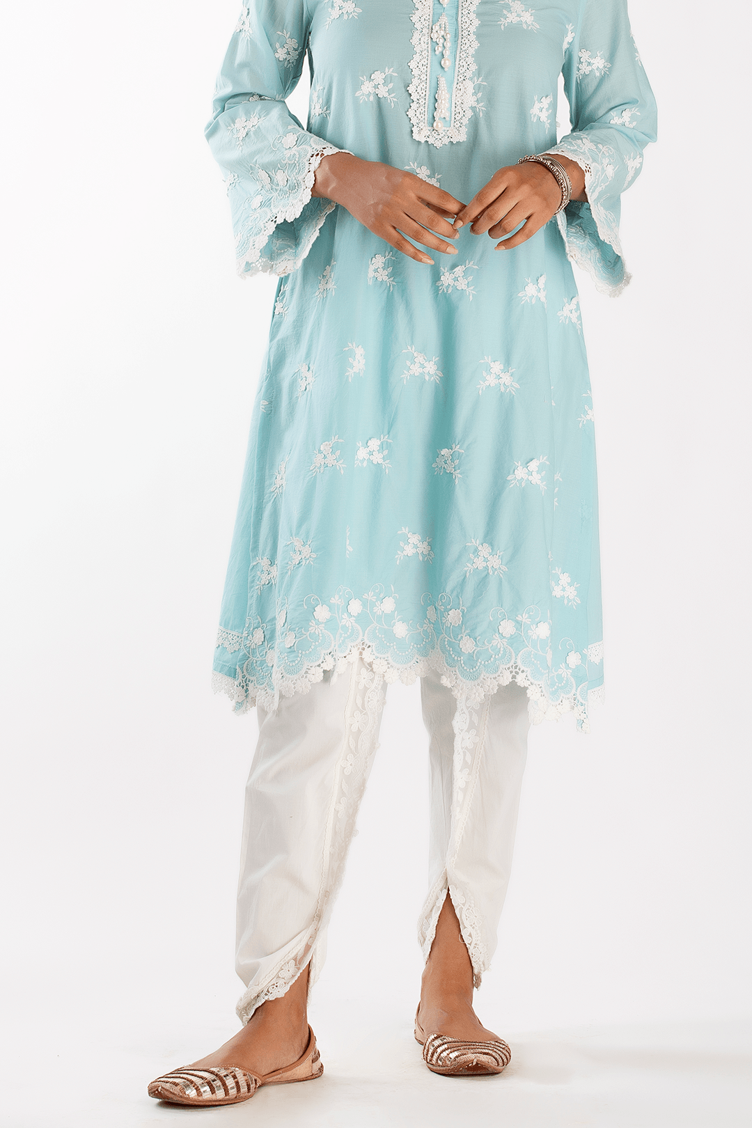 Mulmul Cotton Stella Turquoise Kurta With Net Dhoti White