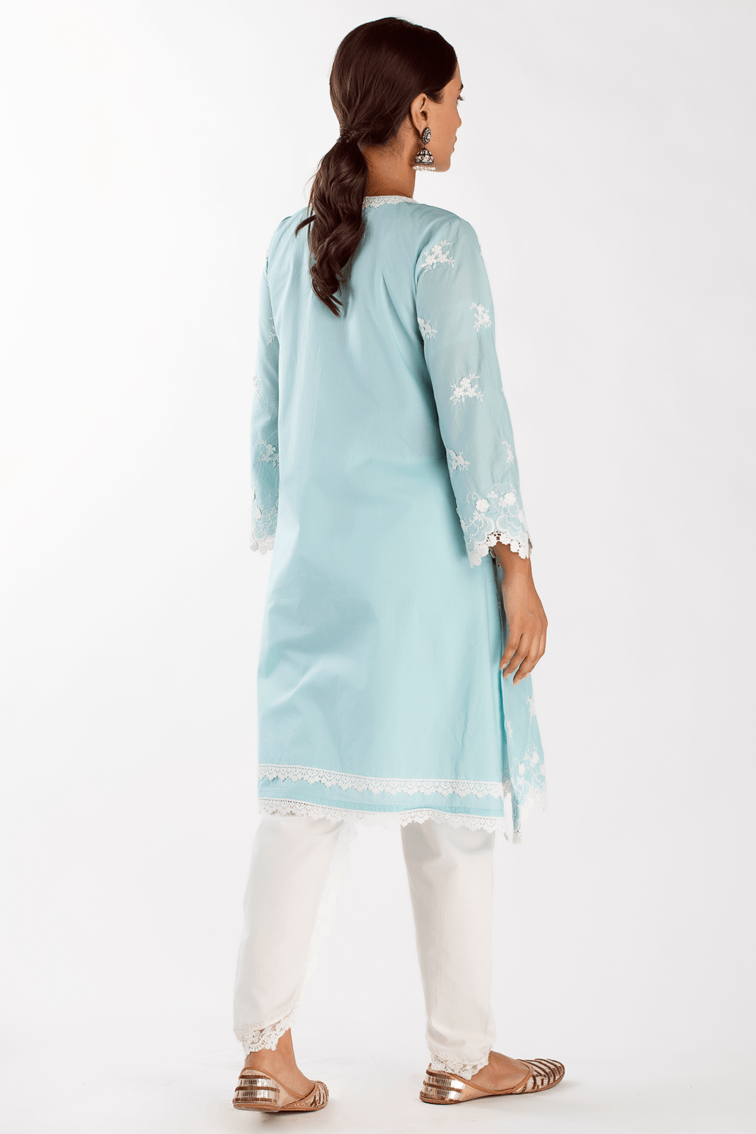 Mulmul Cotton Stella Turquoise Kurta With Net Dhoti White