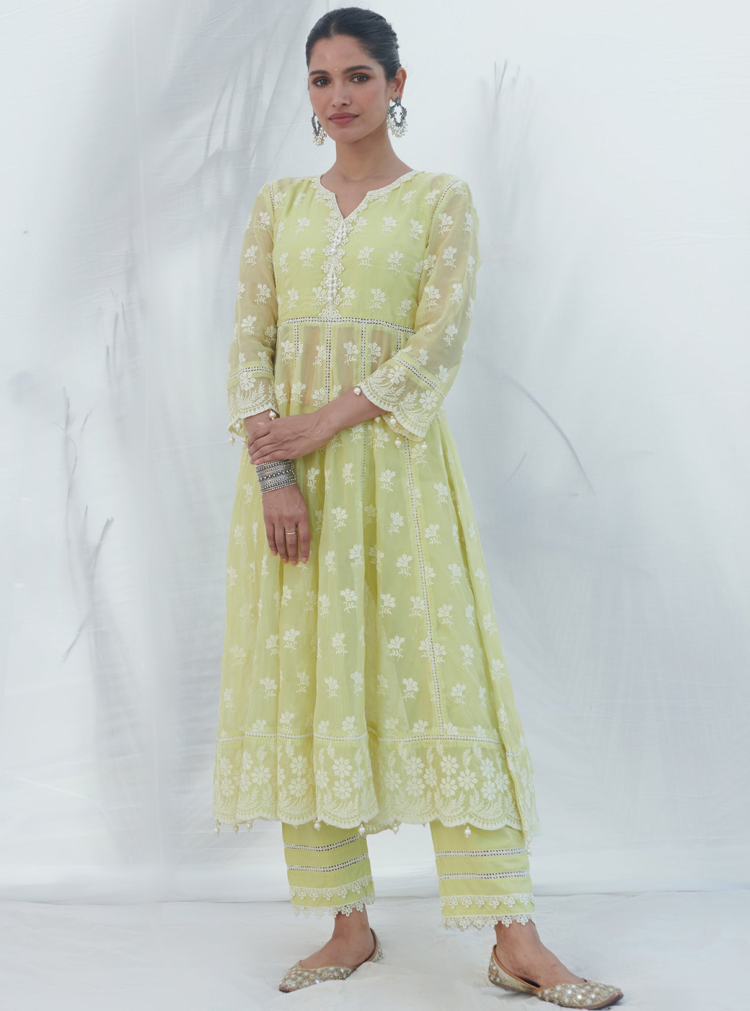 Mulmul Organza Anarkali Surla Lime Kurta With Mulmul Cotton Surla Lime Pant