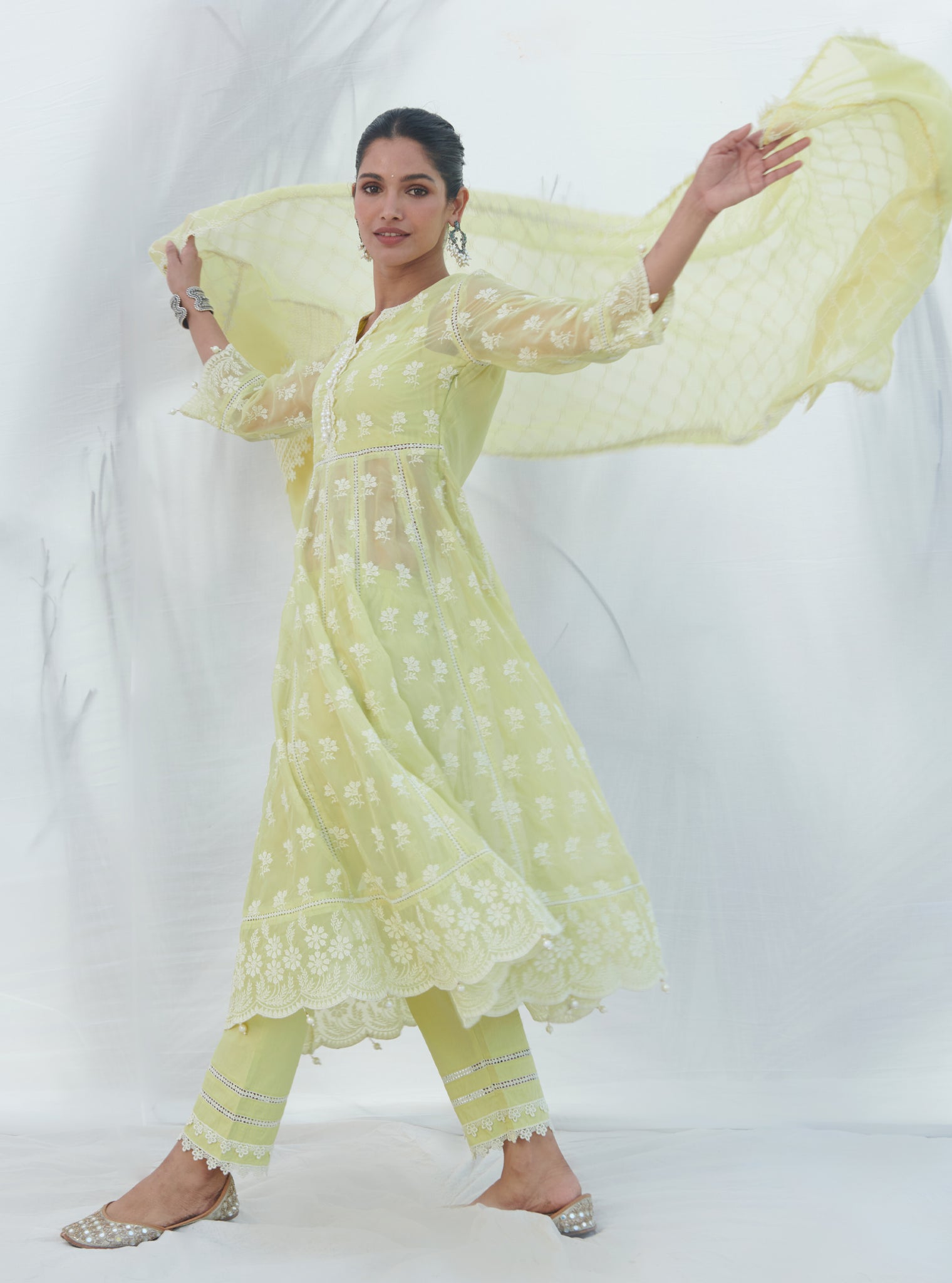 Mulmul Organza Anarkali Surla Lime Kurta With Mulmul Cotton Surla Lime Pant