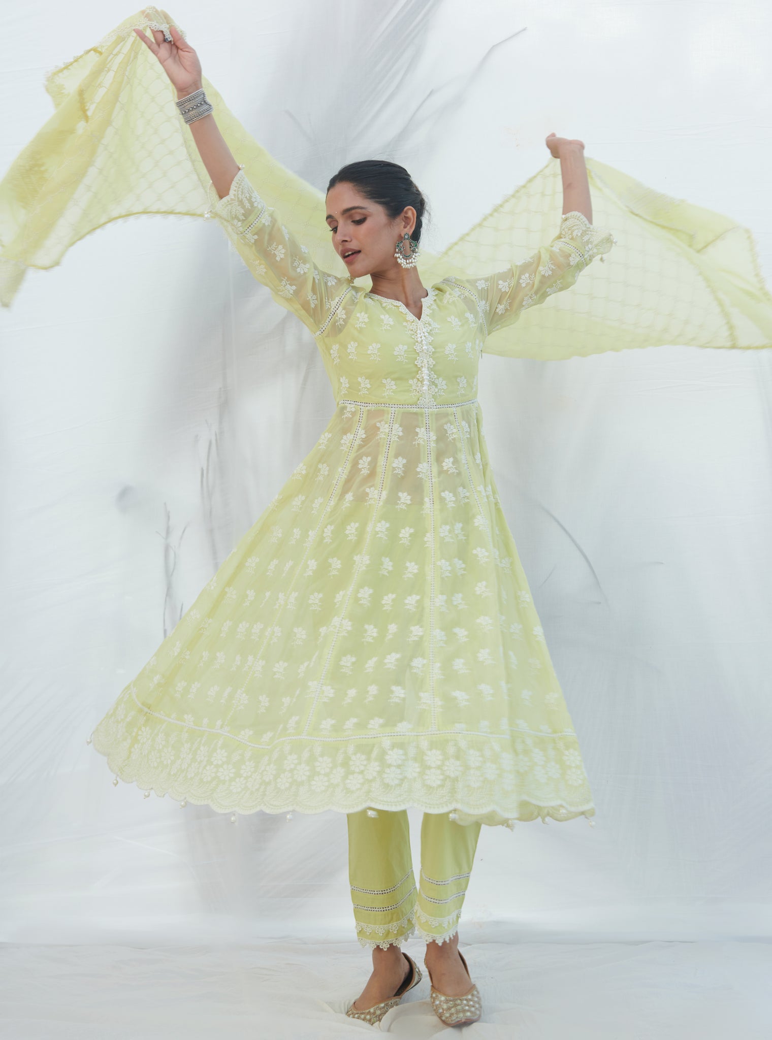 Mulmul Organza Anarkali Surla Lime Kurta With Mulmul Cotton Surla Lime Pant