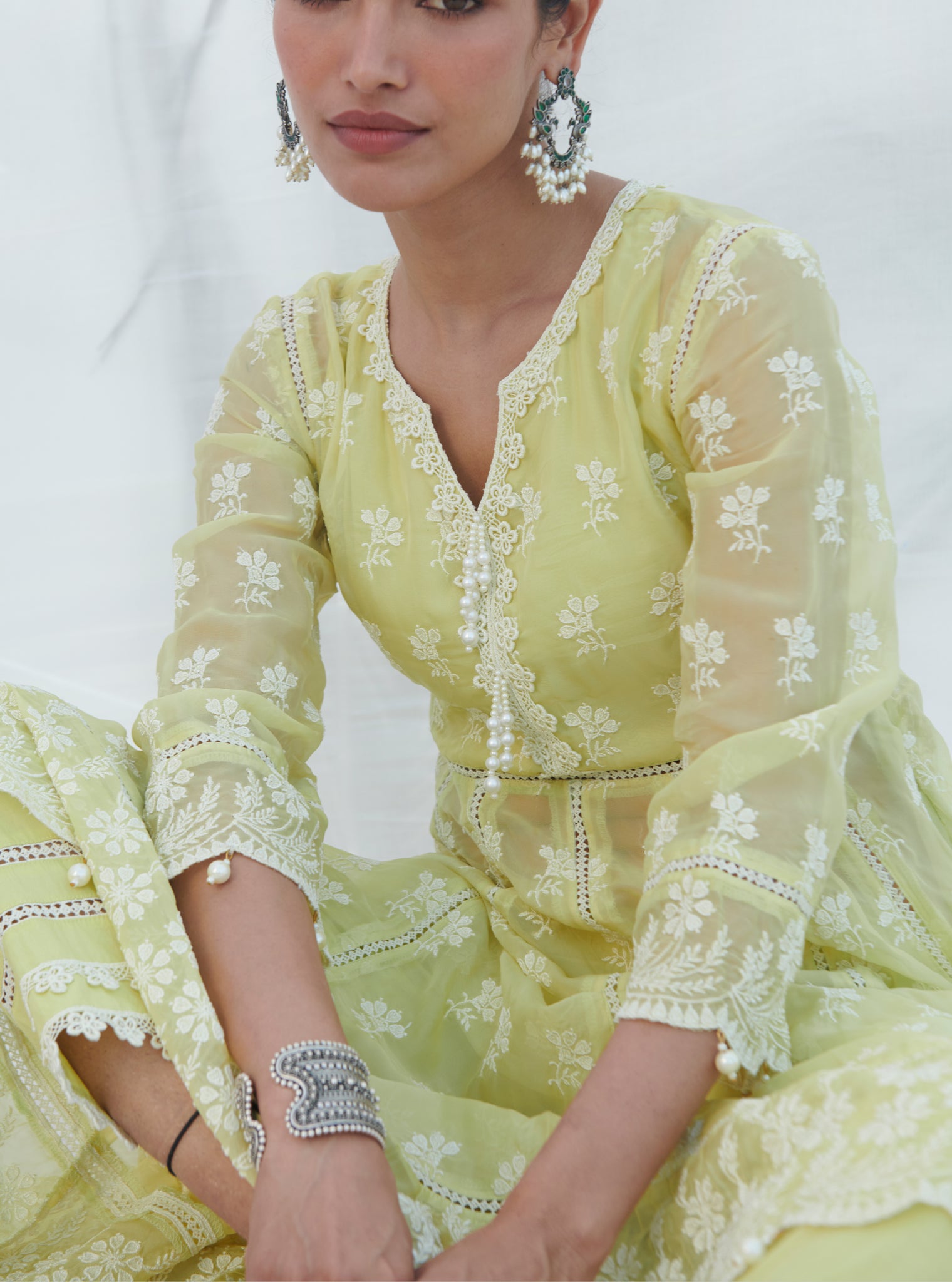 Mulmul Organza Anarkali Surla Lime Kurta With Mulmul Cotton Surla Lime Pant