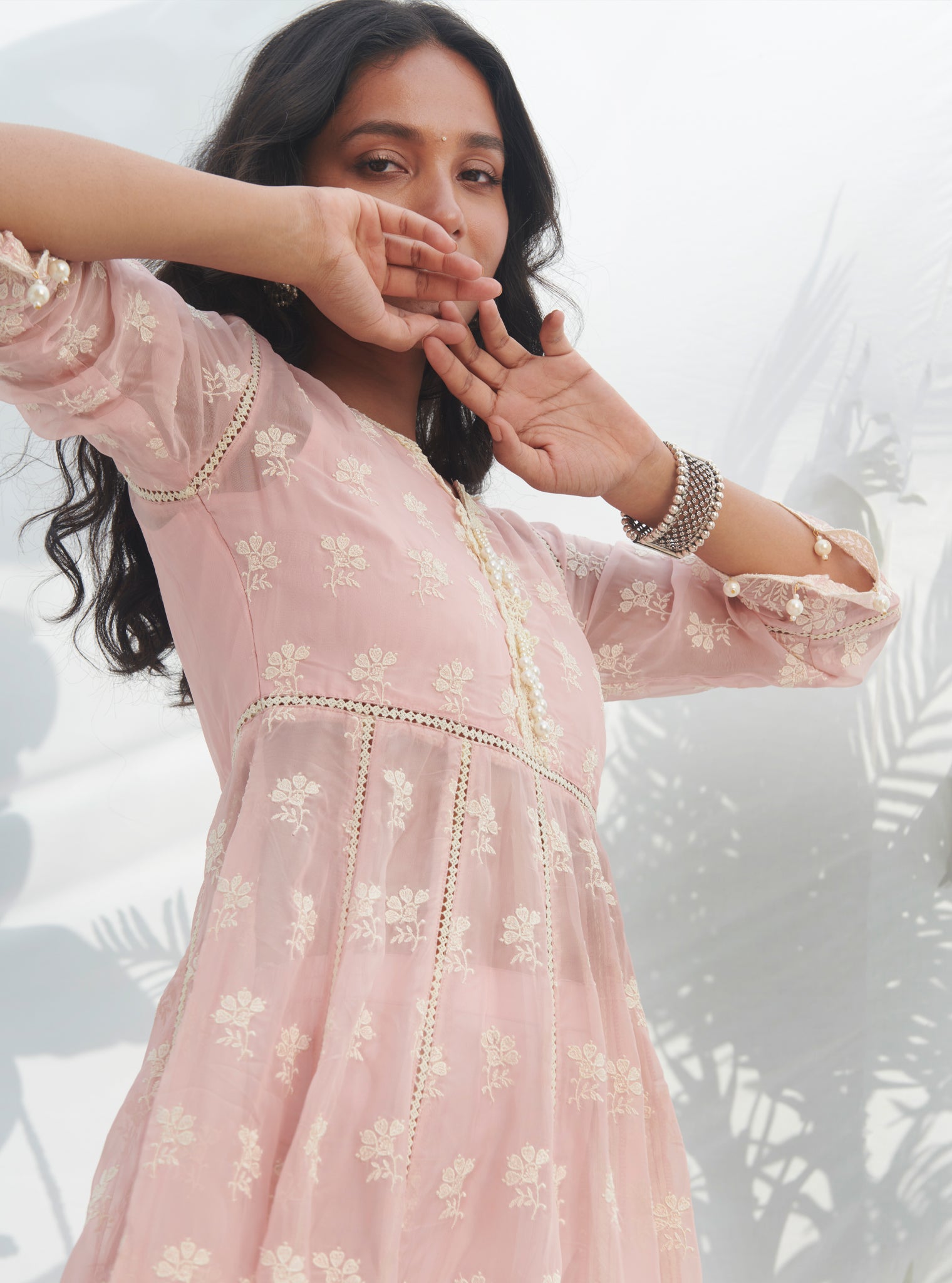 Mulmul Organza Anarkali Surla Pink Kurta With Mulmul Cotton Surla Pink Pant