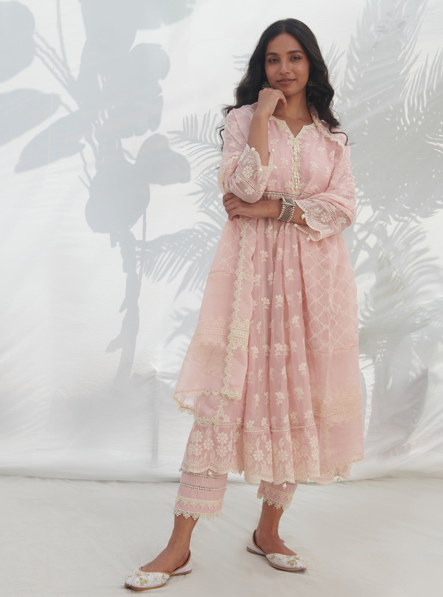 Mulmul Organza Anarkali Surla Pink Kurta With Mulmul Cotton Surla Pink Pant