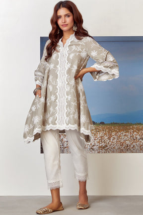 Mulmul Cotton Tiffany Grey Kurta With Sage Pyajama White