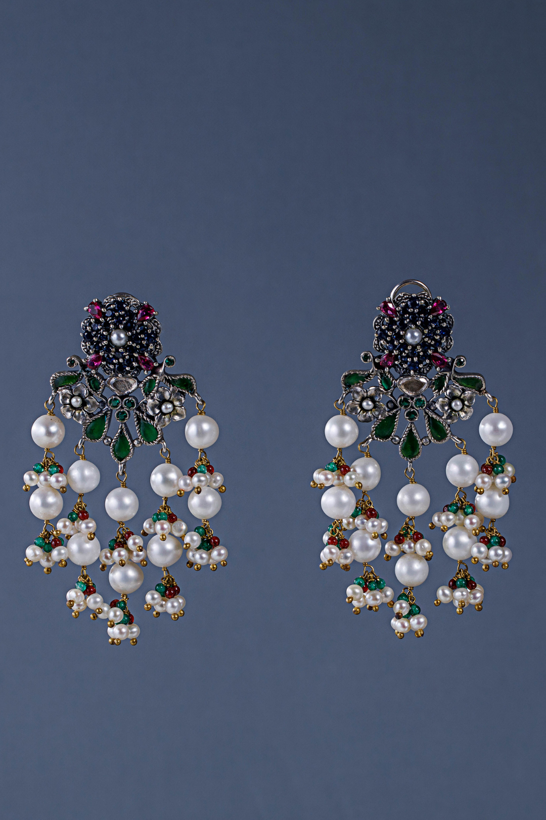 Pure Silver Tri Colour Stone Danglers