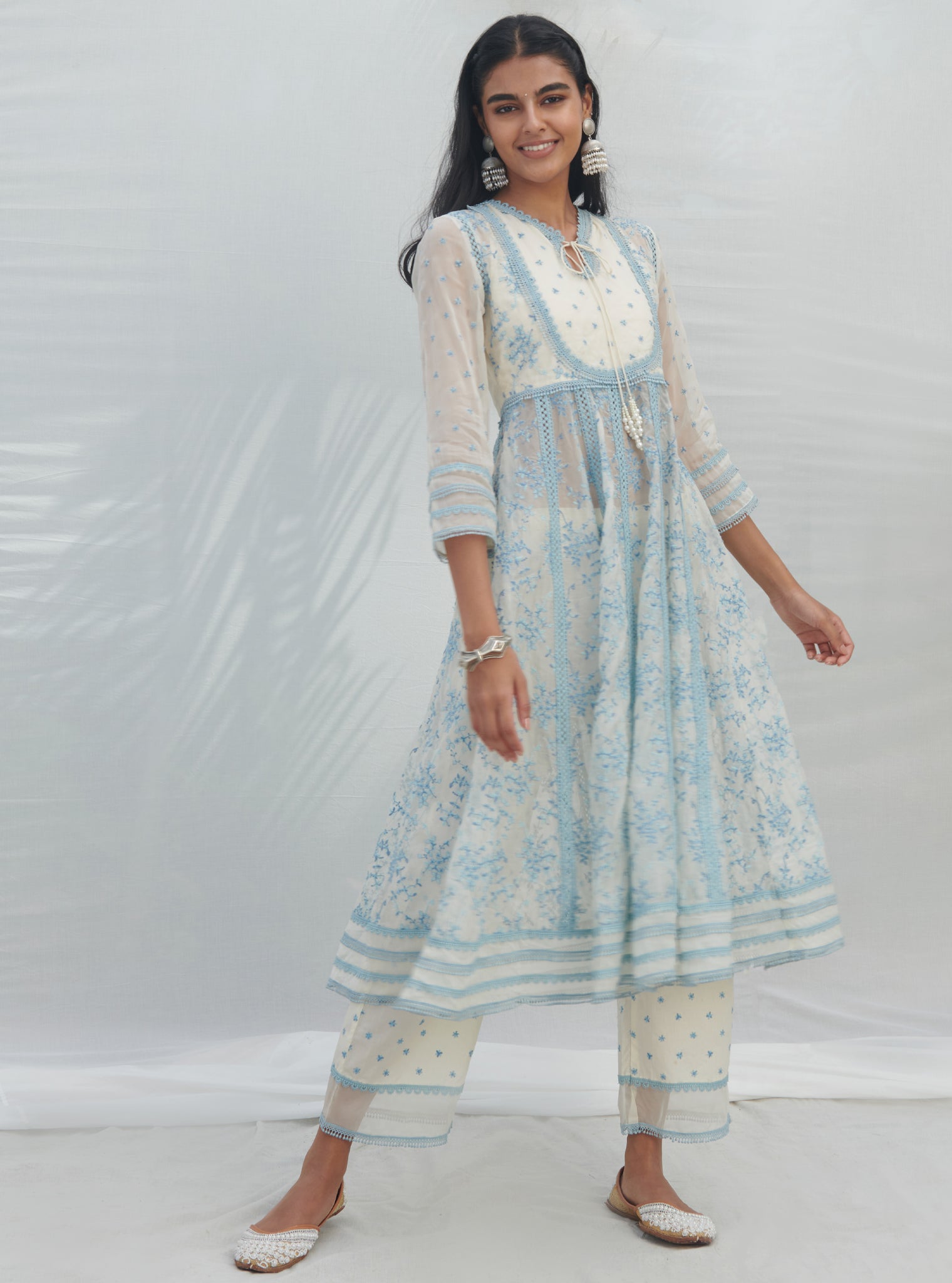 Mulmul Organza Anarkali Tisca White Kurta With Mulmul Cotton Tisca White Pant