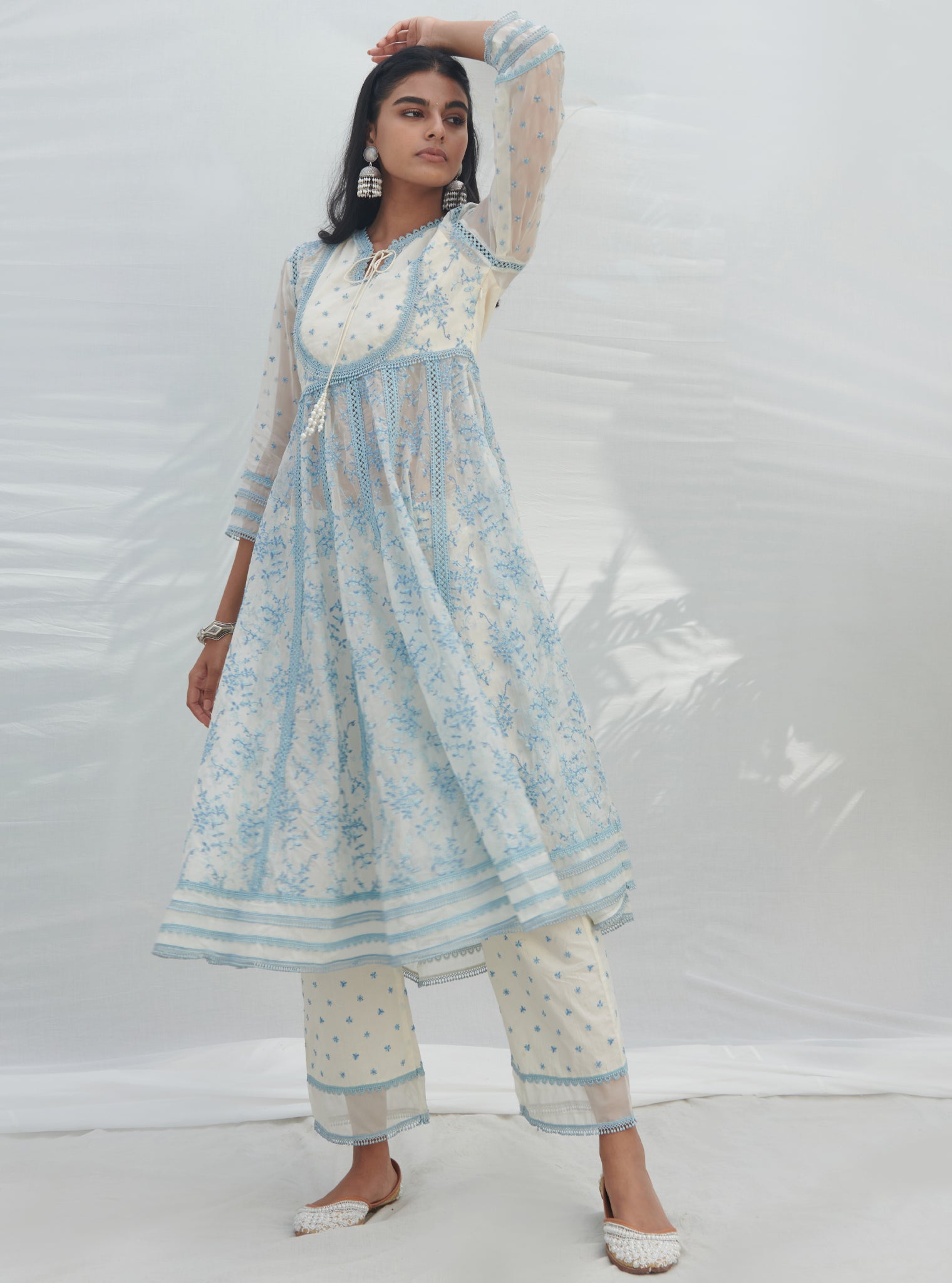 Mulmul Organza Anarkali Tisca White Kurta With Mulmul Cotton Tisca White Pant