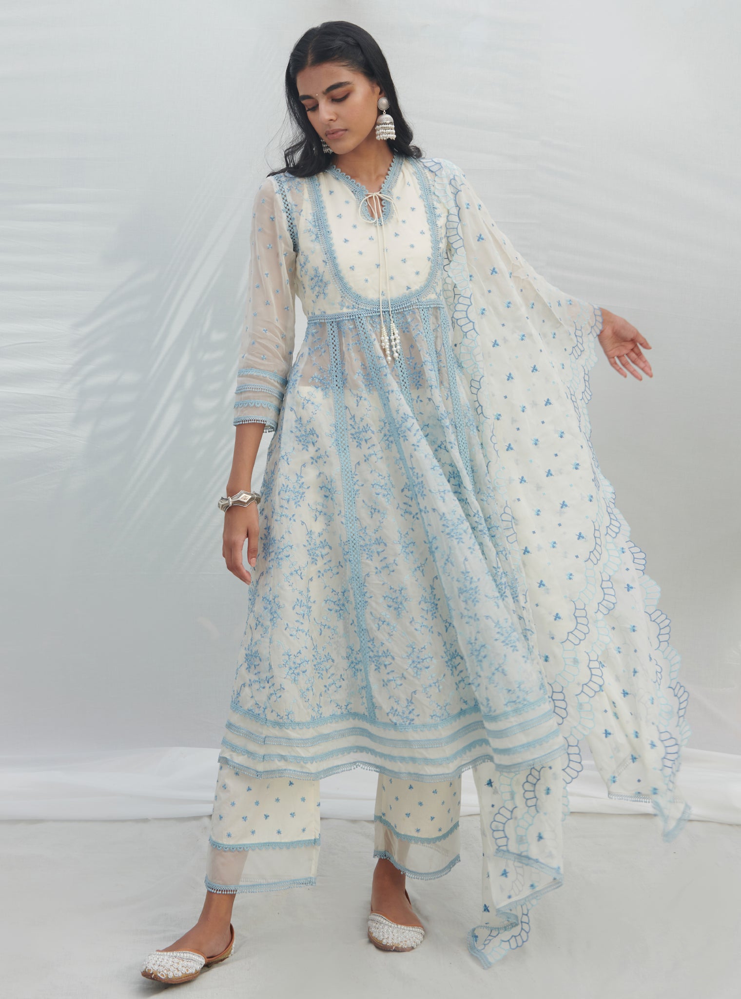 Mulmul Organza Anarkali Tisca White Kurta With Mulmul Cotton Tisca White Pant