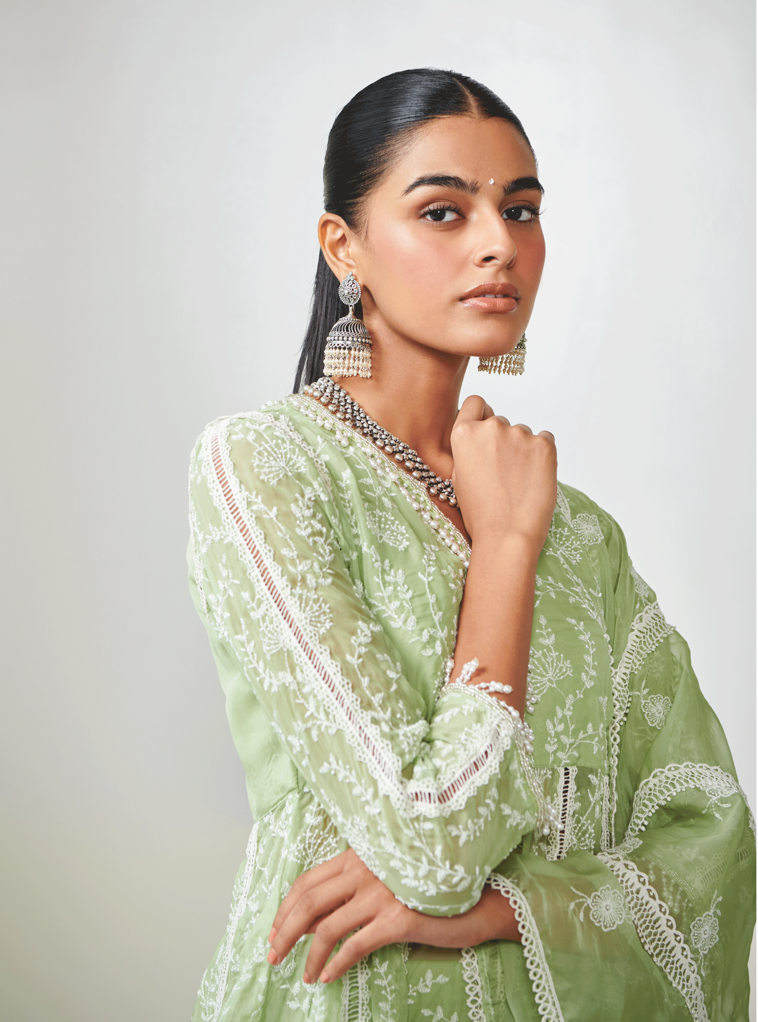 Mulmul Organza Twyla Green Kurta With Mulmul Cotton Twyla Green Pant