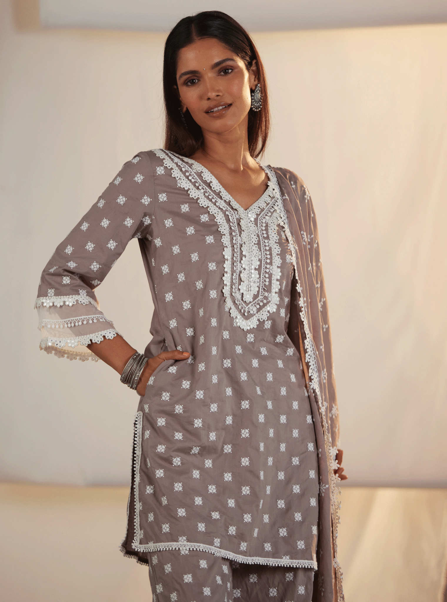 Mulmul Cotton Adaline Grey Kurta With Adaline Grey Garara