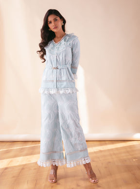 Mulmul Cotton Romily Blue Top With Romily Blue Culottes Pant