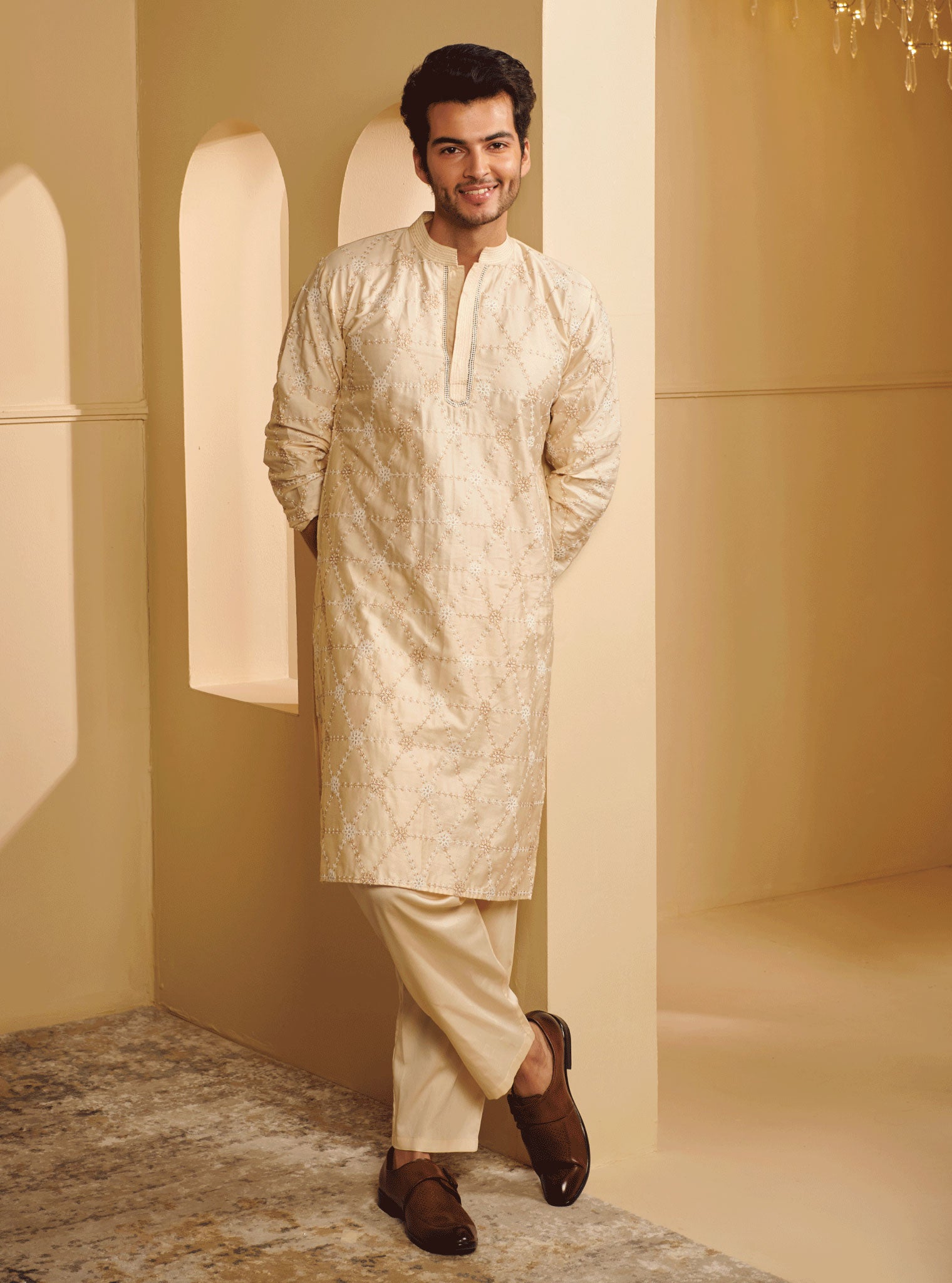 Mulmul Pima Satin Vara Off White Kurta With Vara Off White Pyajama