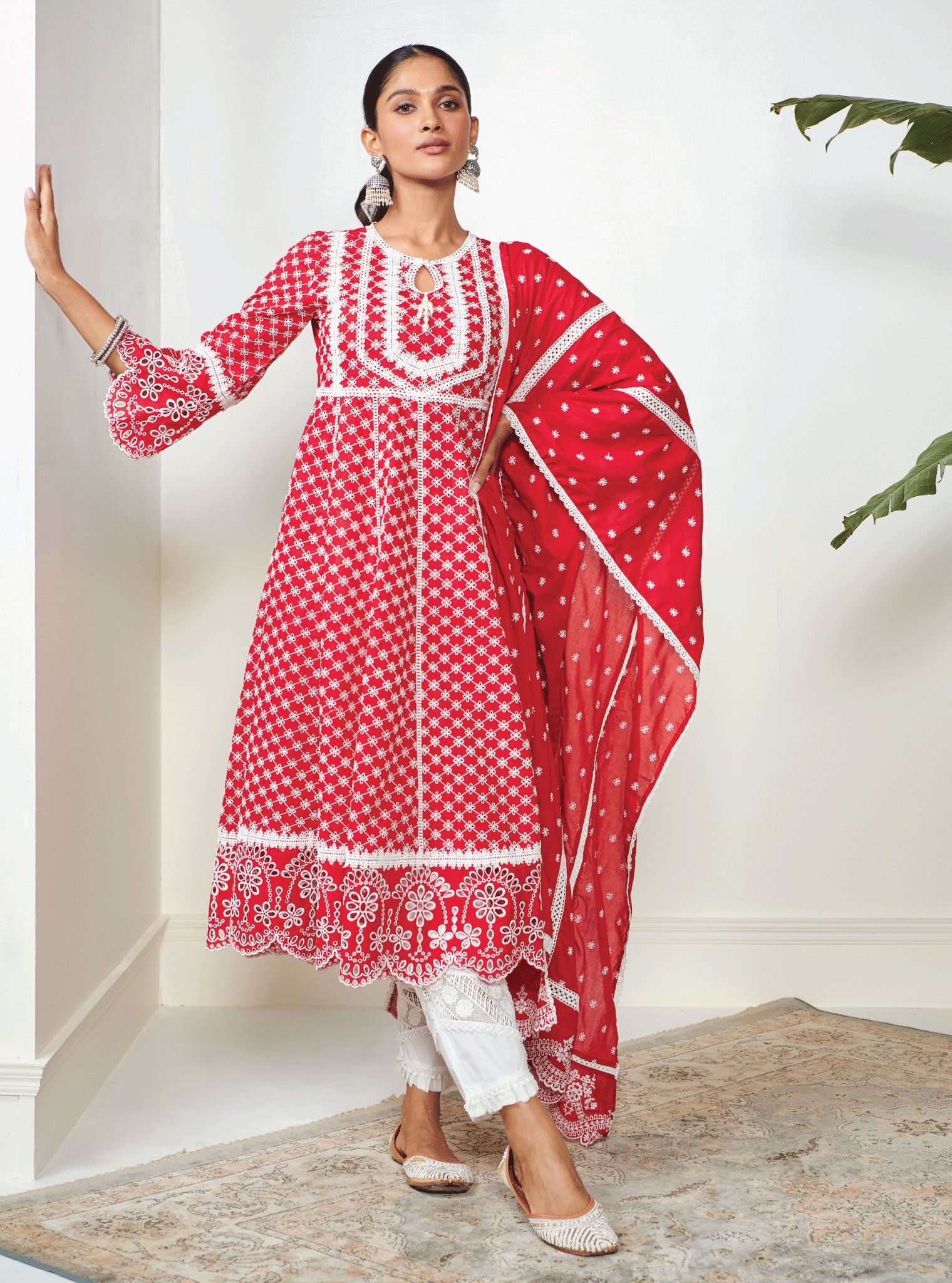 Mulmul Cotton Arris Red Anarkali  Kurta With Diagonal Lace White Pant