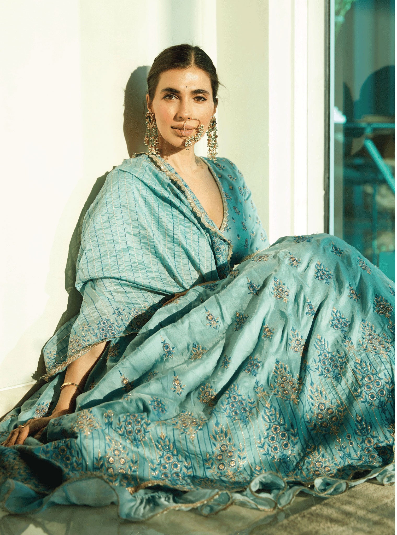 Mulmul Silk Bahaara Blue Lehenga