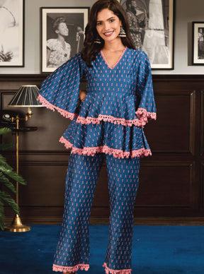 Pima Satin Ancle Kurta With Ancle pyajama Blue