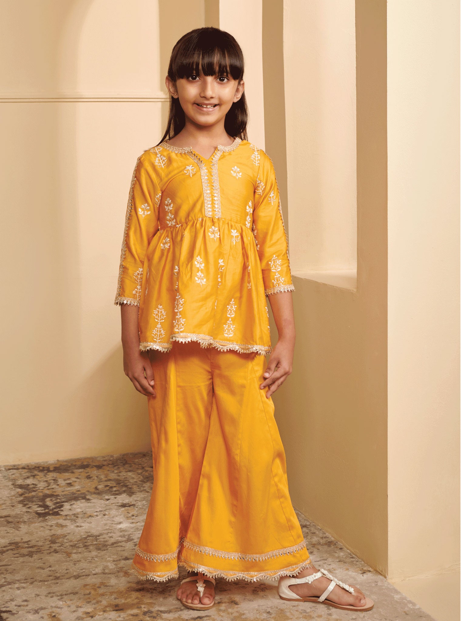 Mulmul Pima Satin Jhelum Yellow Kurta With Jhelum Yellow Sharara