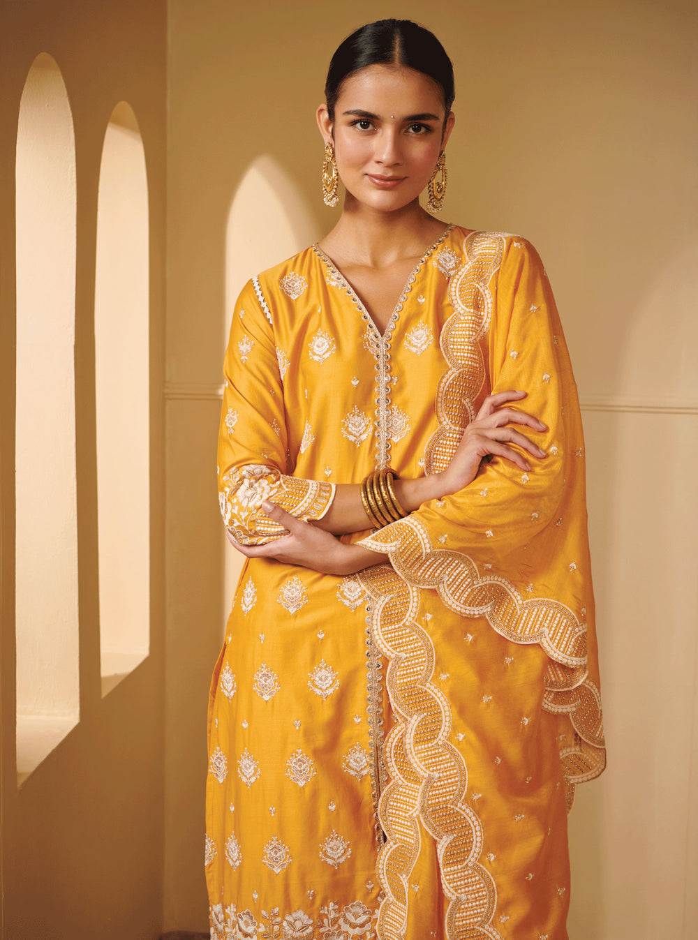 Periyar Pima Satin Yellow Kurta Set main image 0