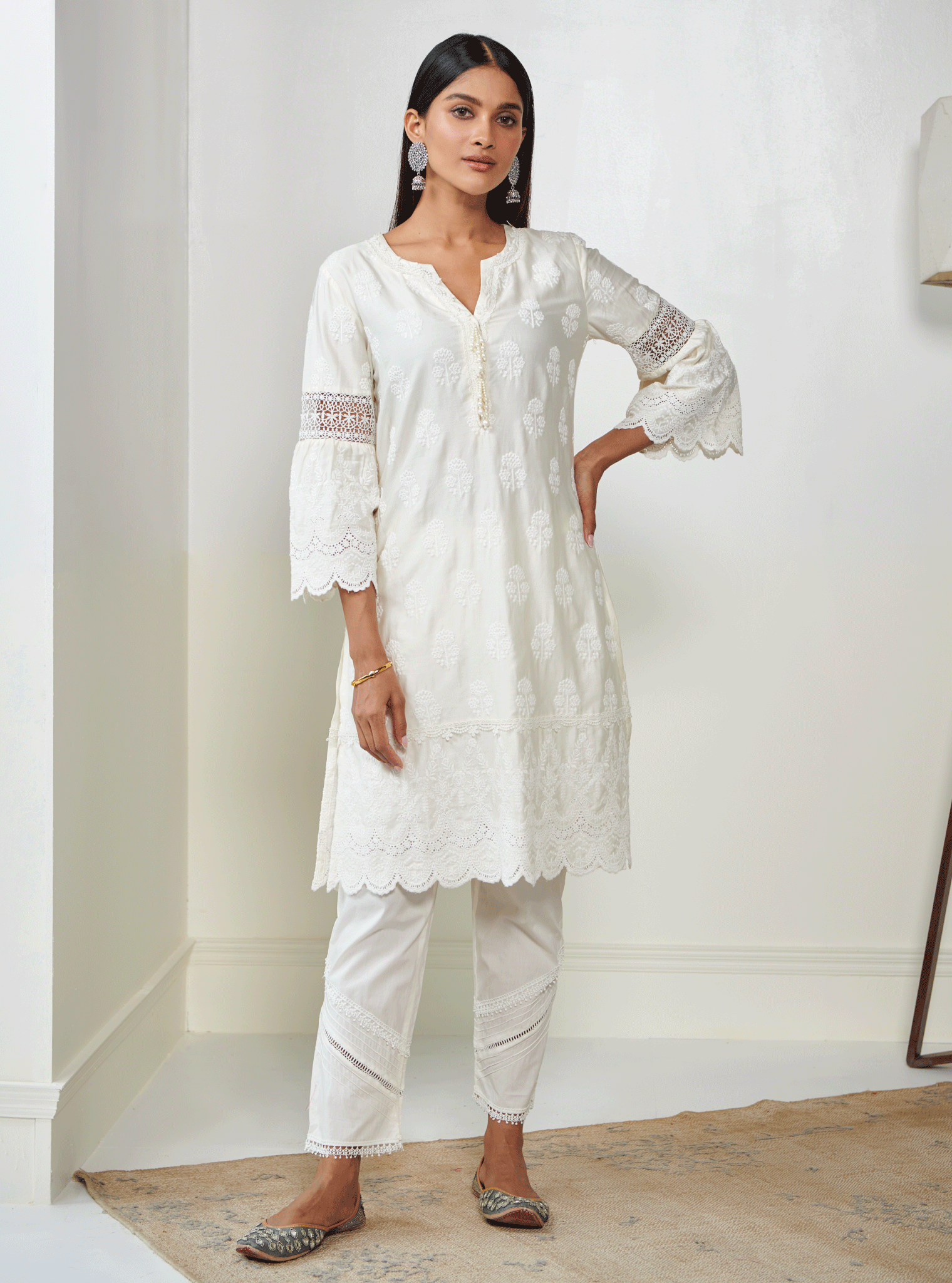 Mulmul Pima Sylvia Off White Kurta With Mulmul Cotton Diagonal Pintuck Off White Pant