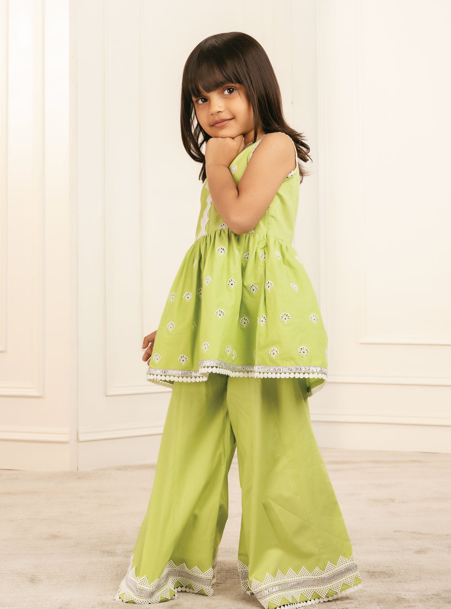 Mulmul Cotton Figo Light Green Kurta With Figo Light Green Sharara