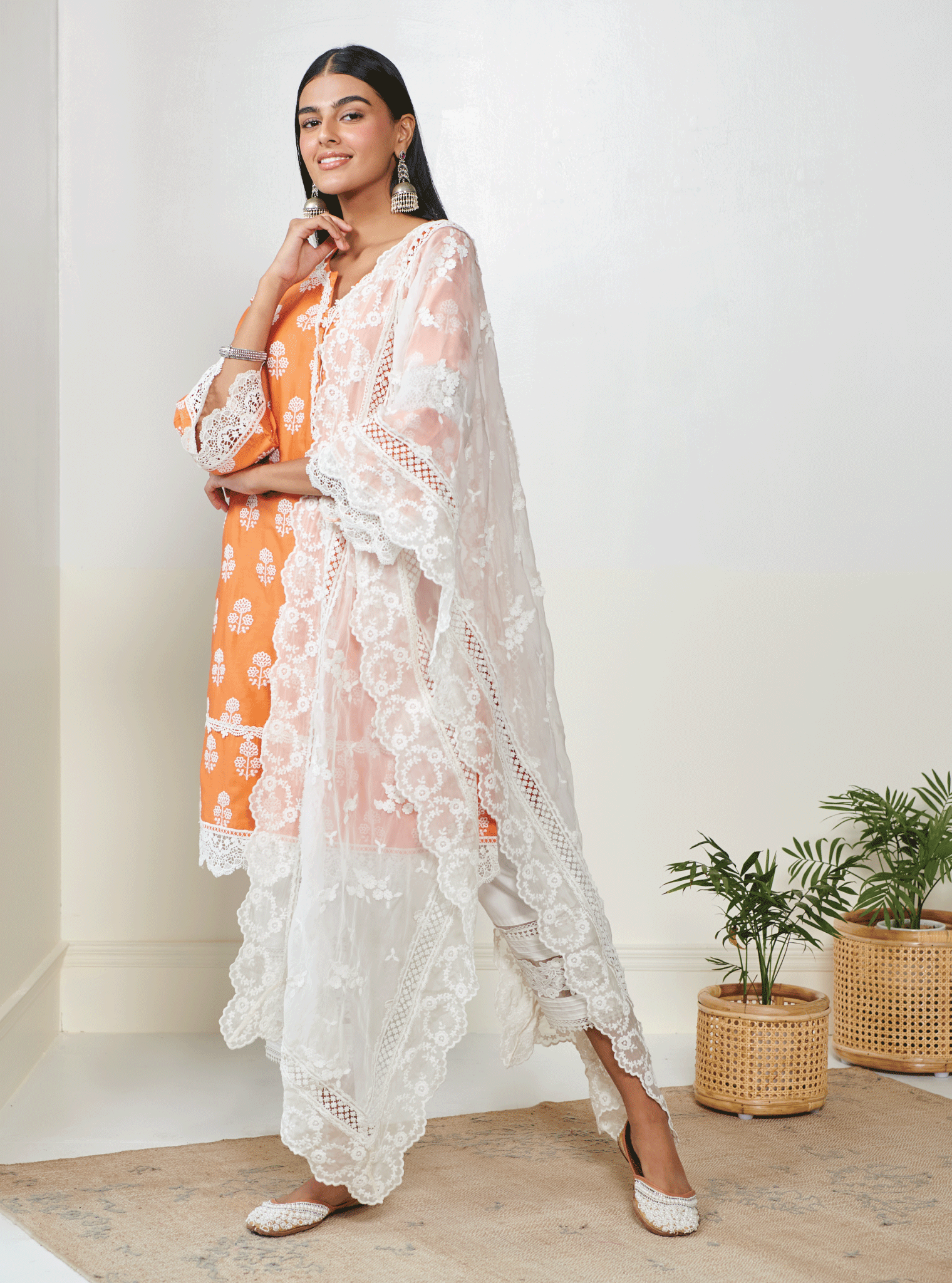 Mulmul Pima Tatiana Orange Kurta With Mulmul Cotton New Pintuck White Pant