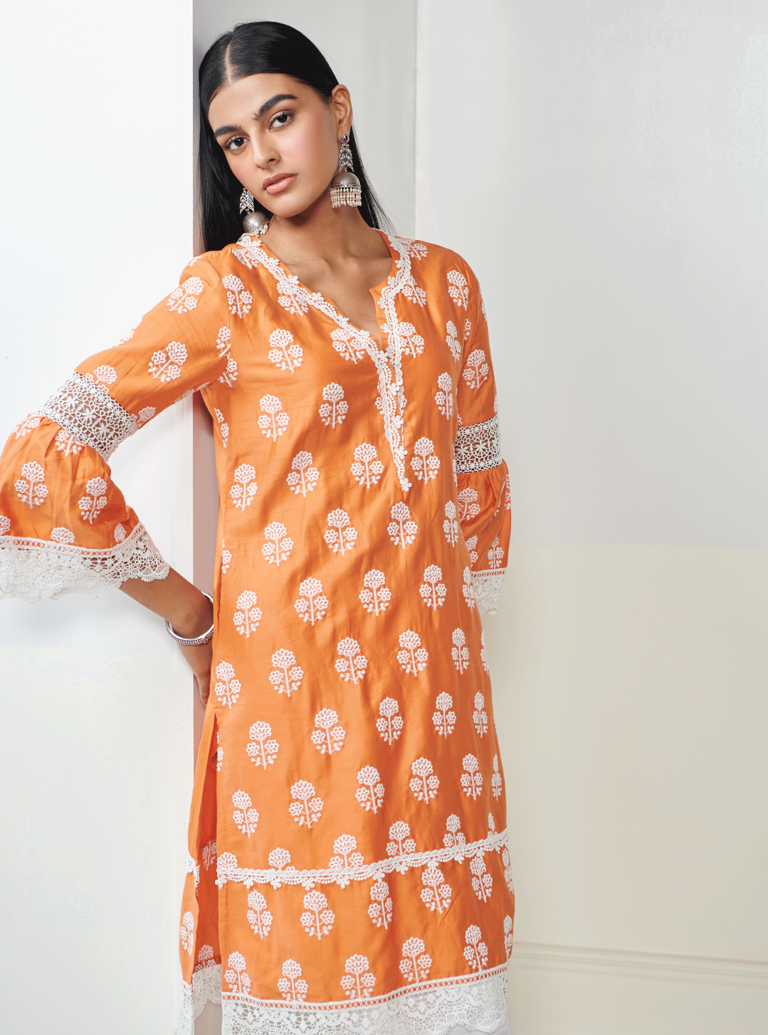 Mulmul Pima Tatiana Orange Kurta With Mulmul Cotton New Pintuck White Pant