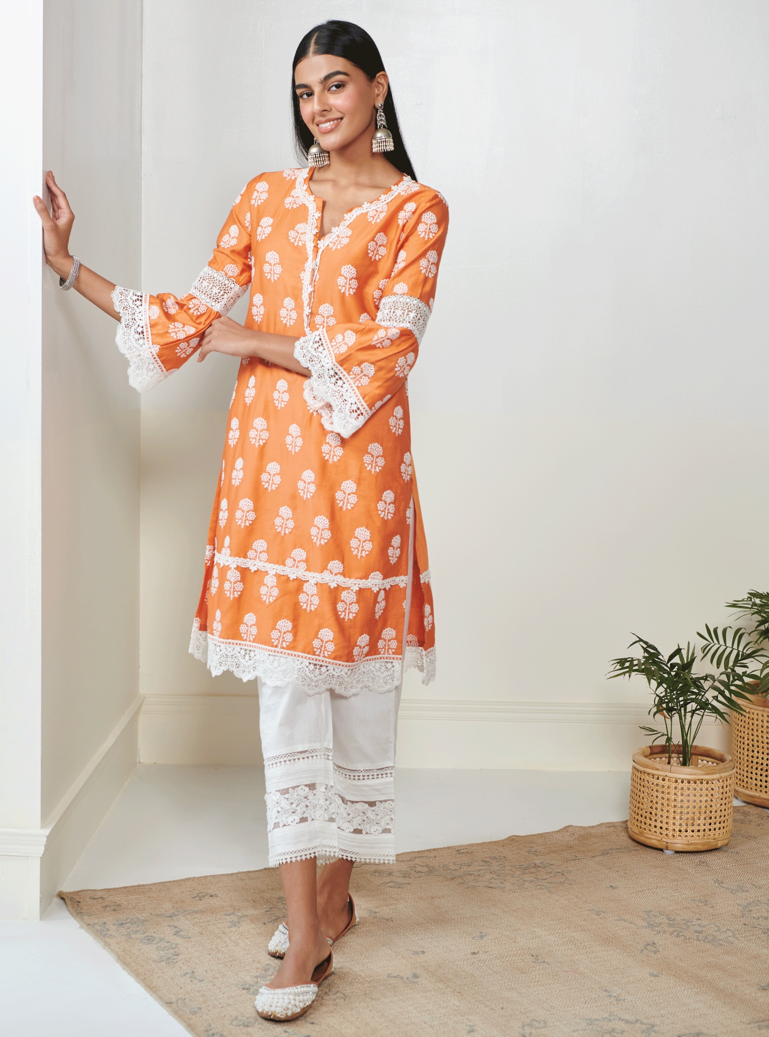 Mulmul Pima Tatiana Orange Kurta With Mulmul Cotton New Pintuck White Pant