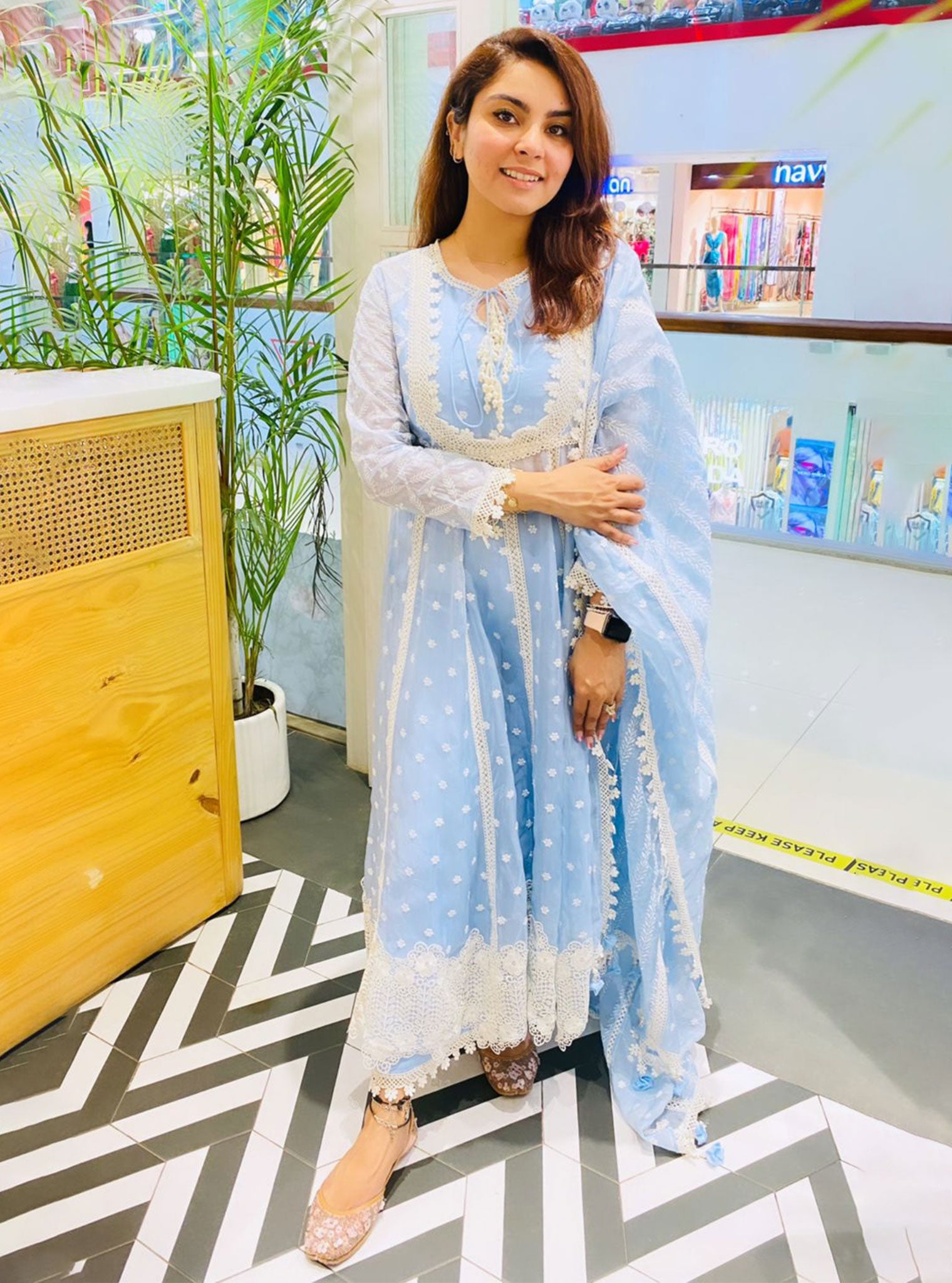 Mulmul Organza Valerie Anarkali Blue Kurta With Supima Cotton Valerie Blue Pant